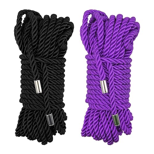 Coldairsoap Soft Silk Rope, Twisted Trim Nylon Cord, Shibari Rope, Japanese Ropes Kit for Beginners and Experienced Riggers for Simple and Complex Knots Twisted Satin Shiny Cord - Black & Purple - 32ft