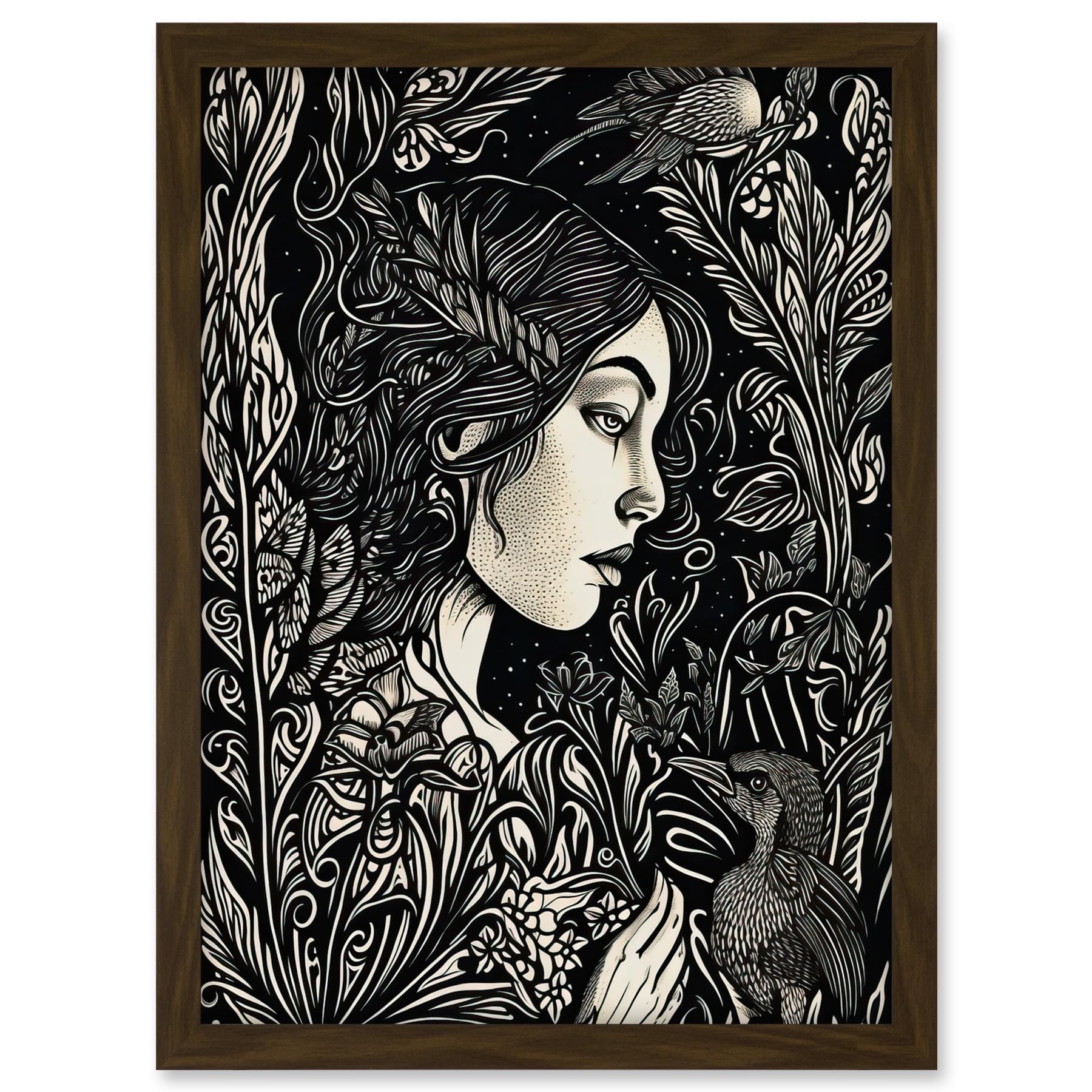 Artery8 Woman with Crow in a Field Black and White Linocut Artwork Framed A3 Wall Art Print