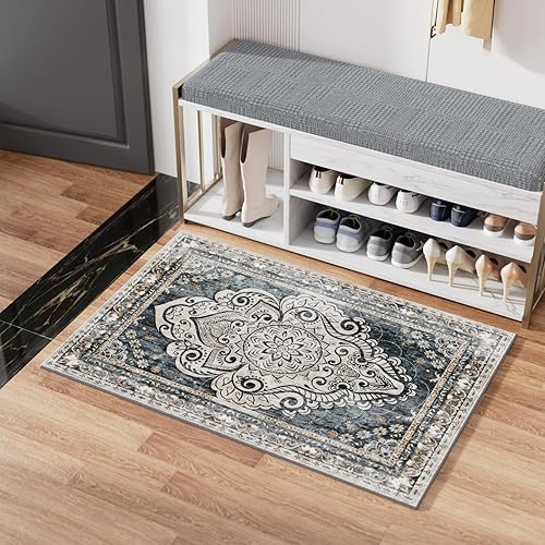 LikeMart Alfombra bohemia lavable  Alfombra pequeña de 2 x 3 pulgadas, para entrada, cocina, color azul, antideslizante, vintage, bohemia, alfombra