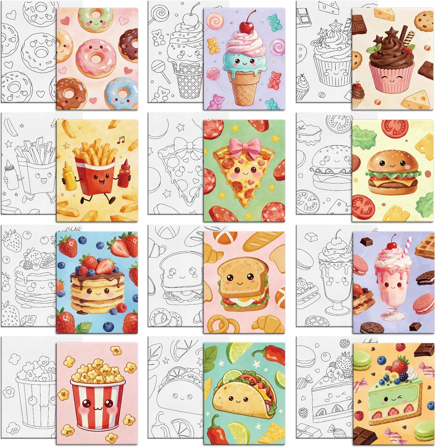 MAYJOYDIY 12 Pcs Desserts Pre Drawn Canvas to Painting Donuts Ice Cream Pre Printed Canvas for Adults 9.8×7.9 Inch French Fries DIY Paint Art Supplies for Beginners, Students, Party Gifts
