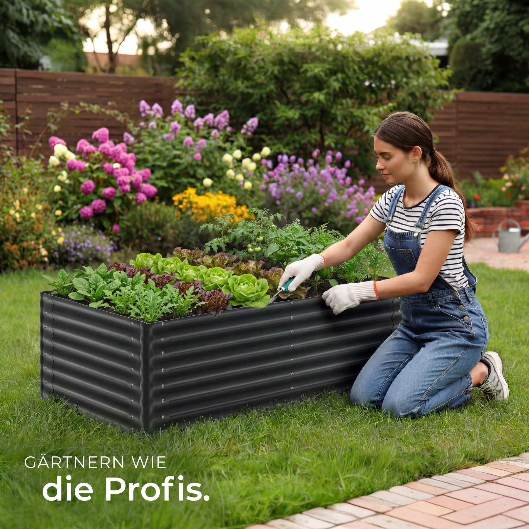 tectake® Hochbeet verzinkter Stahl, 200x80x62 cm, abgerundete Kanten, 970 L, mit Handschuhen, Gartenhochbeet, Pflanzbeet, Gemüsebeet, Kräuterbeet, Pflanzkasten, Gartenbeet, Blumenbeet, Metallhochbeet