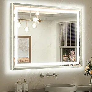 TETOTE 40 x 32 Led Mirror Brushed Bright Nickel Metal Frame Frontlit & Backlit Vanity Mirror Anti-Fog Stepless Dimmable 3 Colors White/Warm/Natural Wall Mirror with Lights Wall-Mounted