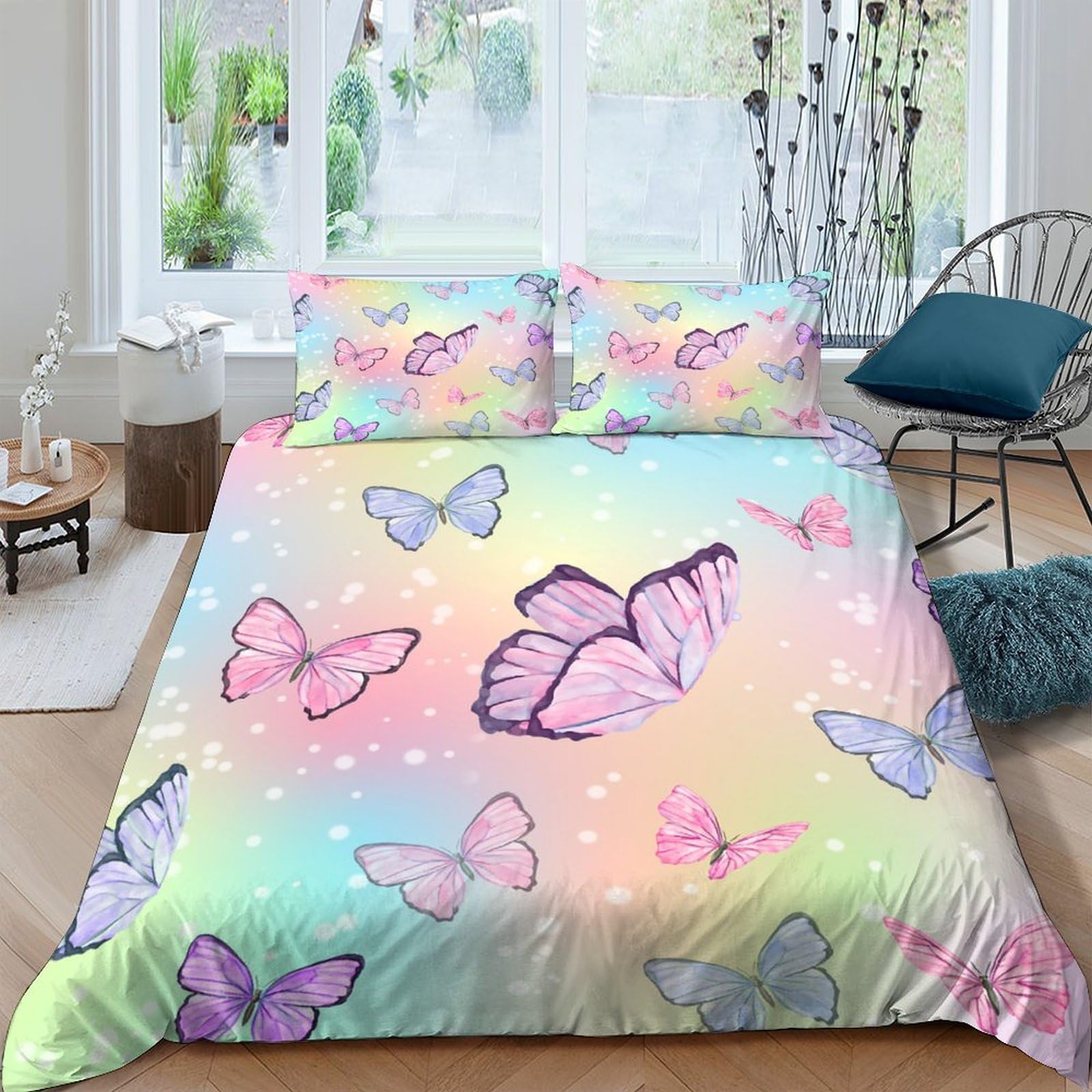 Ctjqhvkz Style-7 3D Printed Pastel Butterfly Fitted Sheet Microfiber Soft Bedroom Decor Rainbow Bed Cover For Mattress Protection Single（135X200cm）