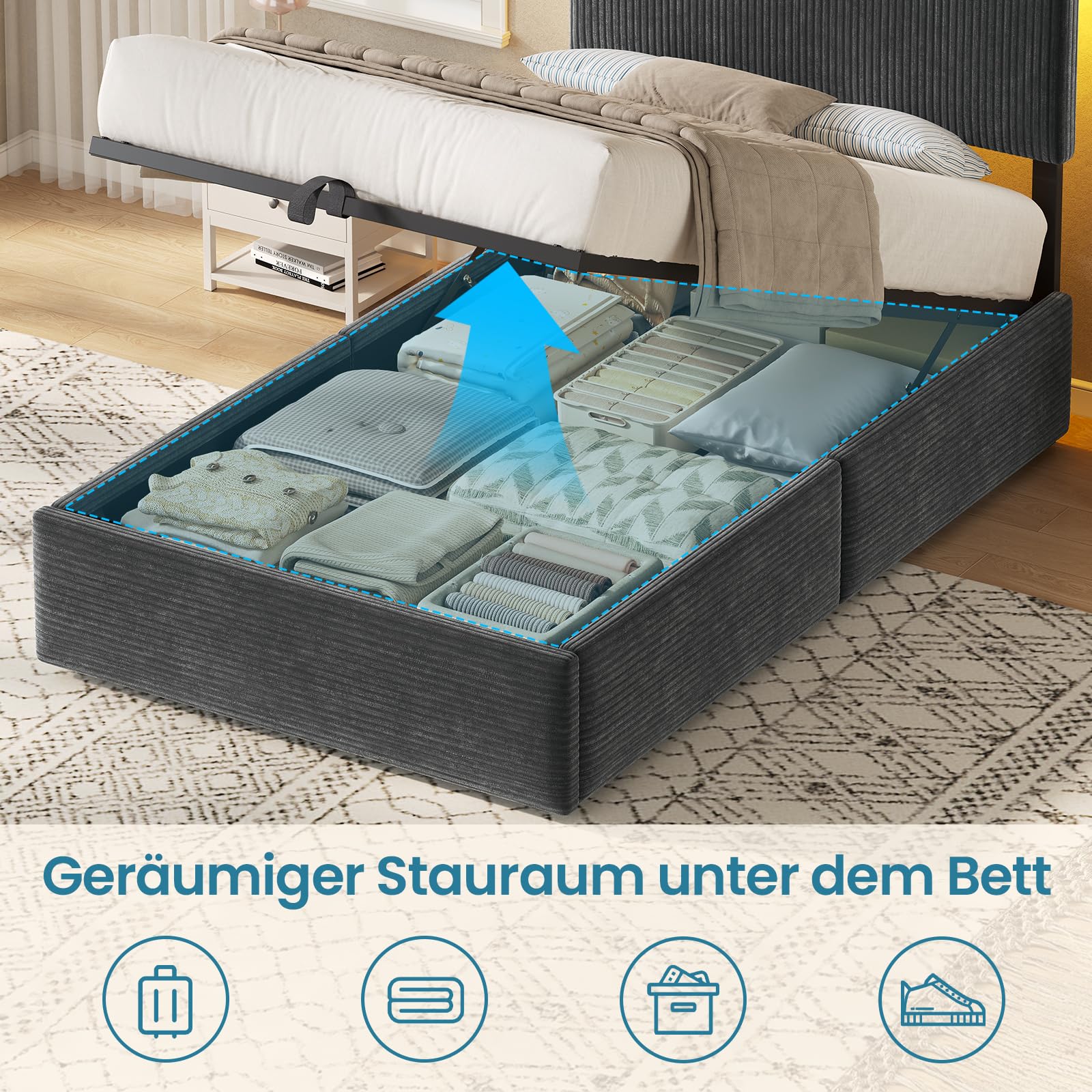 KIMENICH Polsterbett 90x200cm mit Hydrauliksystem & Stauraum, Stauraumbett mit Höhenverstellbarem Kopfteil, Bettgestell 90x200cm mit Smart LED, Bett mit Ladestation,Gestreifter Samt,Grau