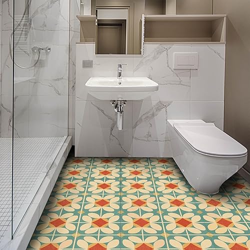 Miniatura 7 de IVN 10 azulejos de suelo con patrón de flores retro de 12 x 12 pulgadas, despegar y pegar, adhesivos de vinilo autoadhesivos extraíbles para cocina,