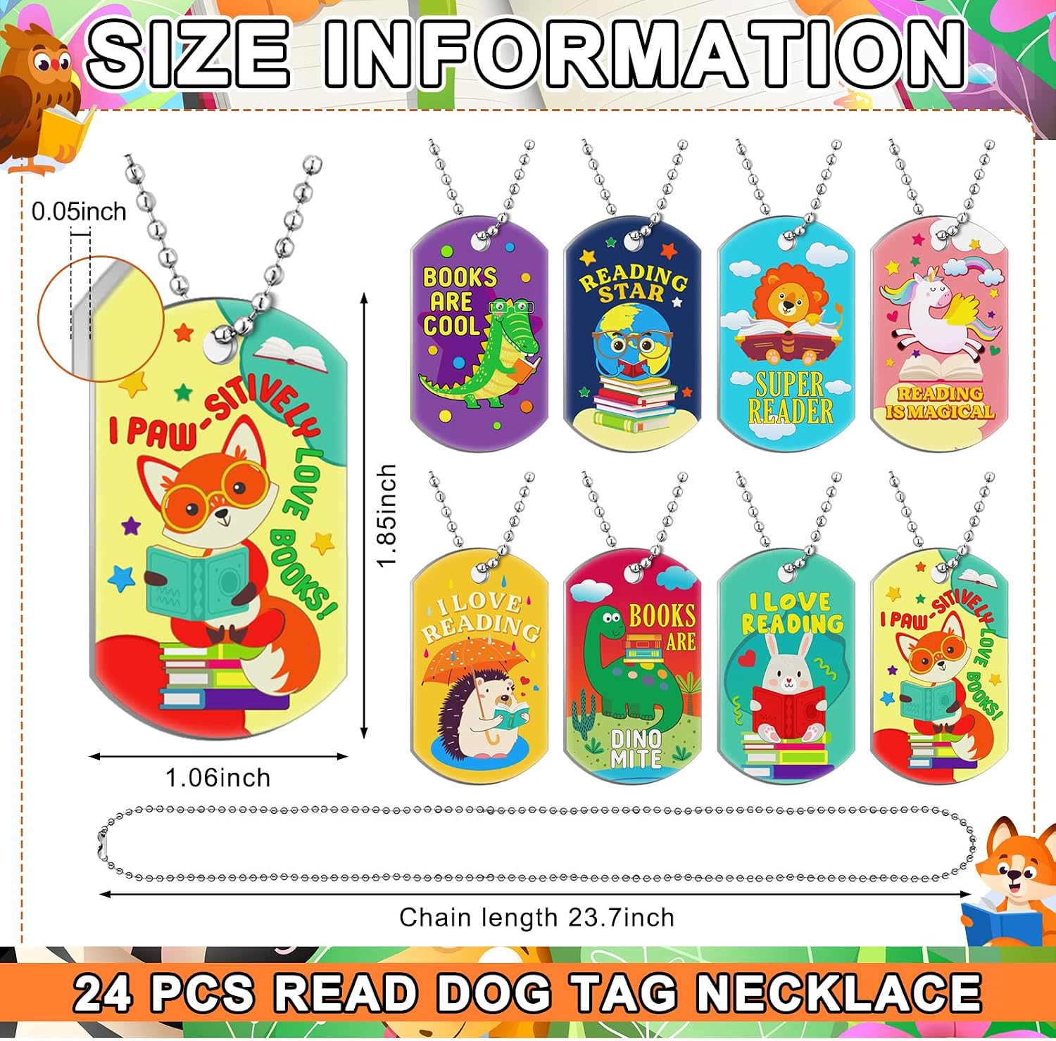 24 Pcs Student Reading Incentives Dog Tags Bulk Animal Themed Reading Necklace for Classroom Teacher Rewards Prize Graduation School Party Decoration image 2