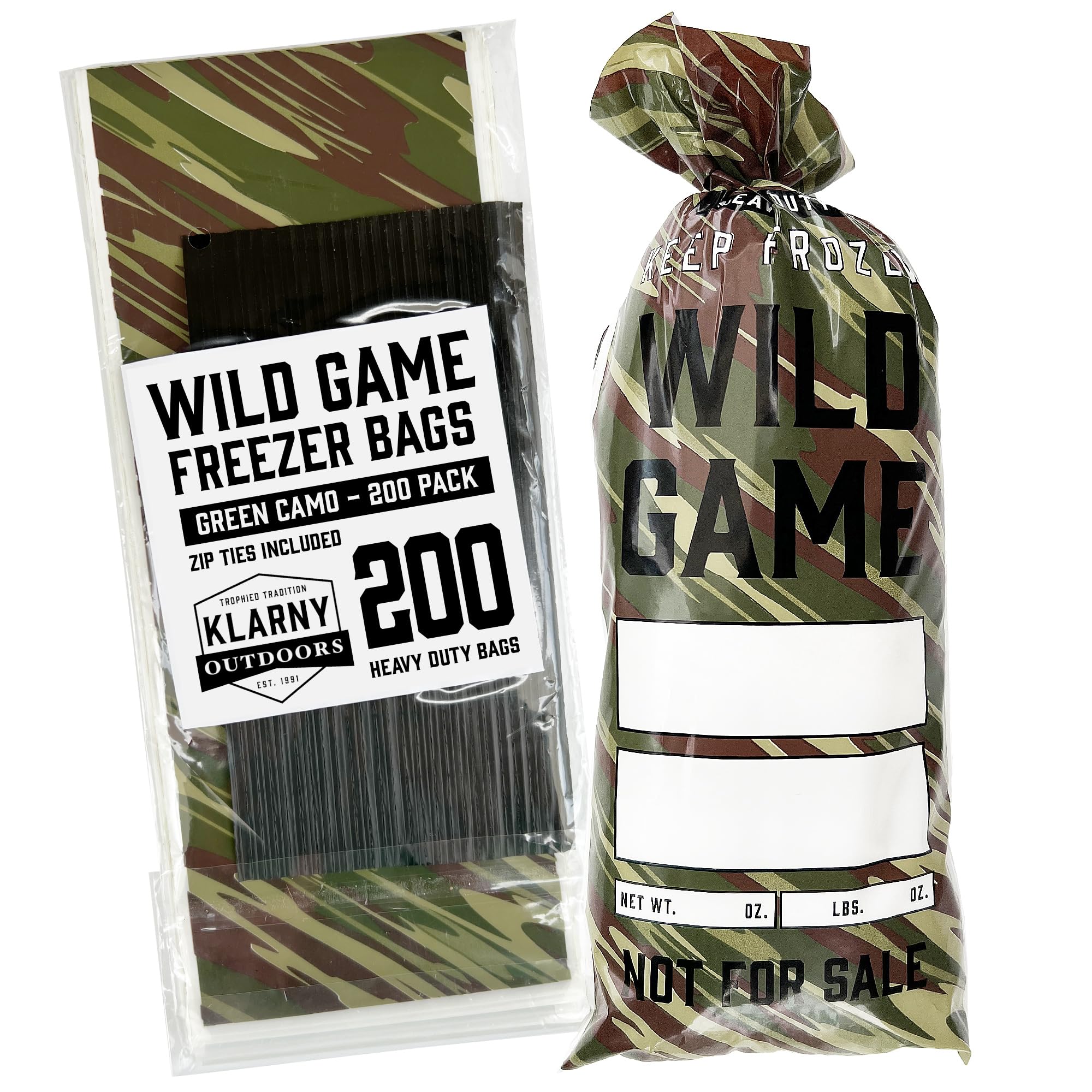 Klarny Outdoors Wild Game Freezer Bags for Ground Meat or Venison, 1.5 LB Blaze Orange Camouflage Hunting Meat Packaging Storage System with Twist