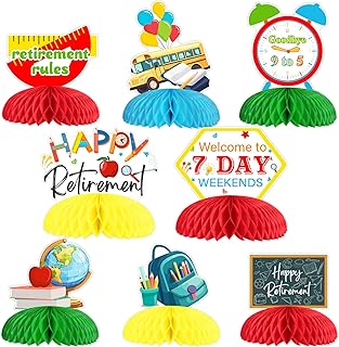 8pcs Teacher Retirement Decoration Honeycomb Centerpiece Happy Retirement Double-Sided Printing Table Decoration for Woman Man Teacher Retirement Party Decoration