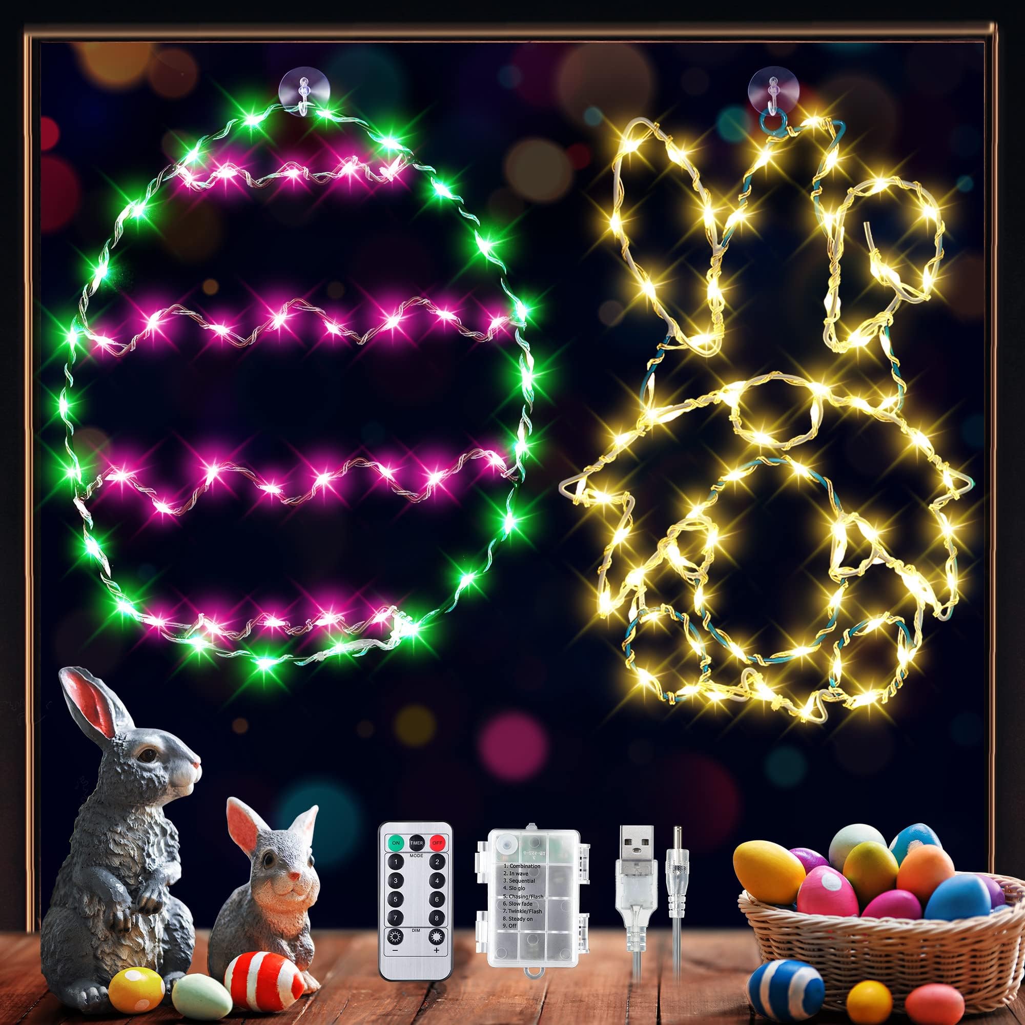 Amazon.com: 2 Pack Easter Egg Bunny Window Colorful Silhouette Lights ...