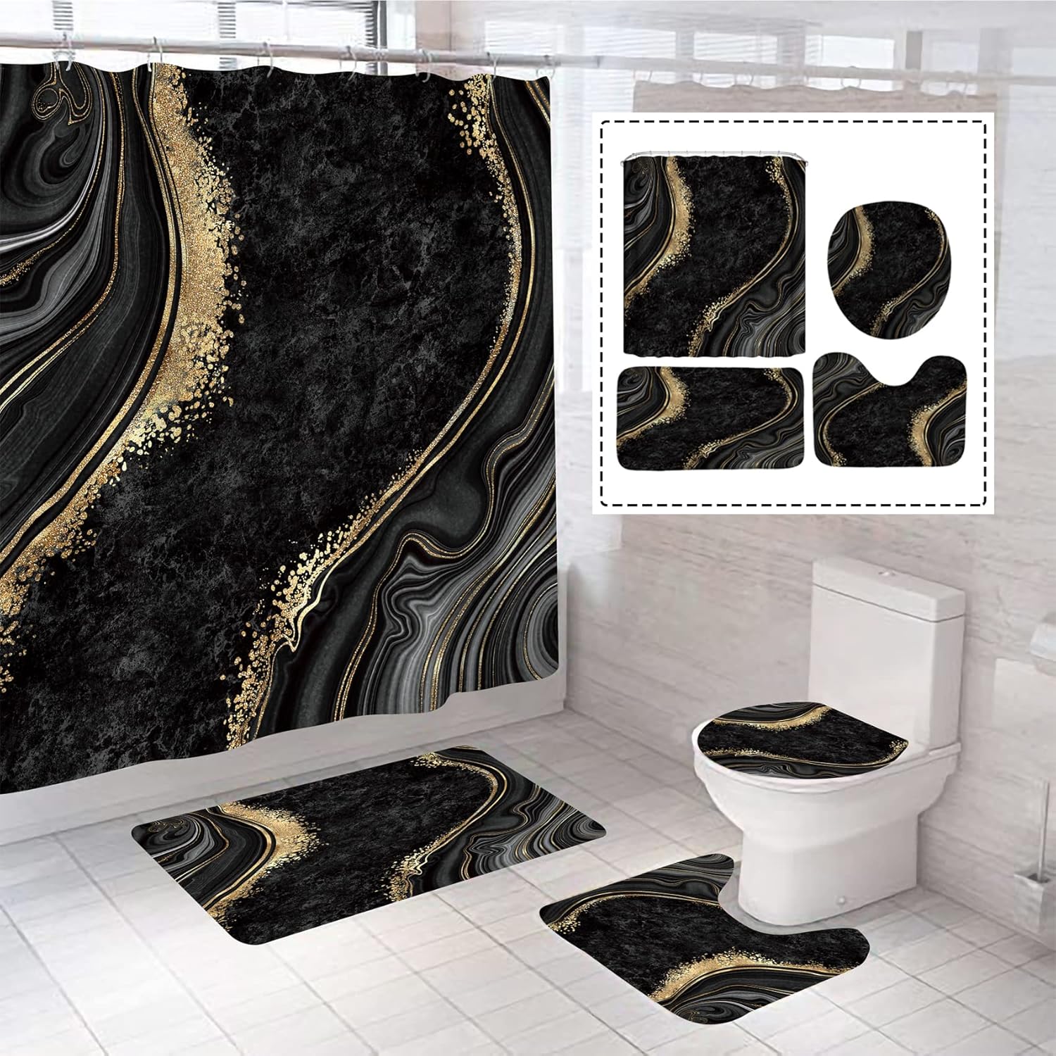 beifivcl 4Pcs Luxury Marble Shower Curtain Sets, Bathroom Sets with Shower Curtain, Toilet Lid Rug, Bath Mat and Contour Mat, Shower Curtain with 12 Hooks for Bathroom Set Decor 72 x 72 Inch, Black