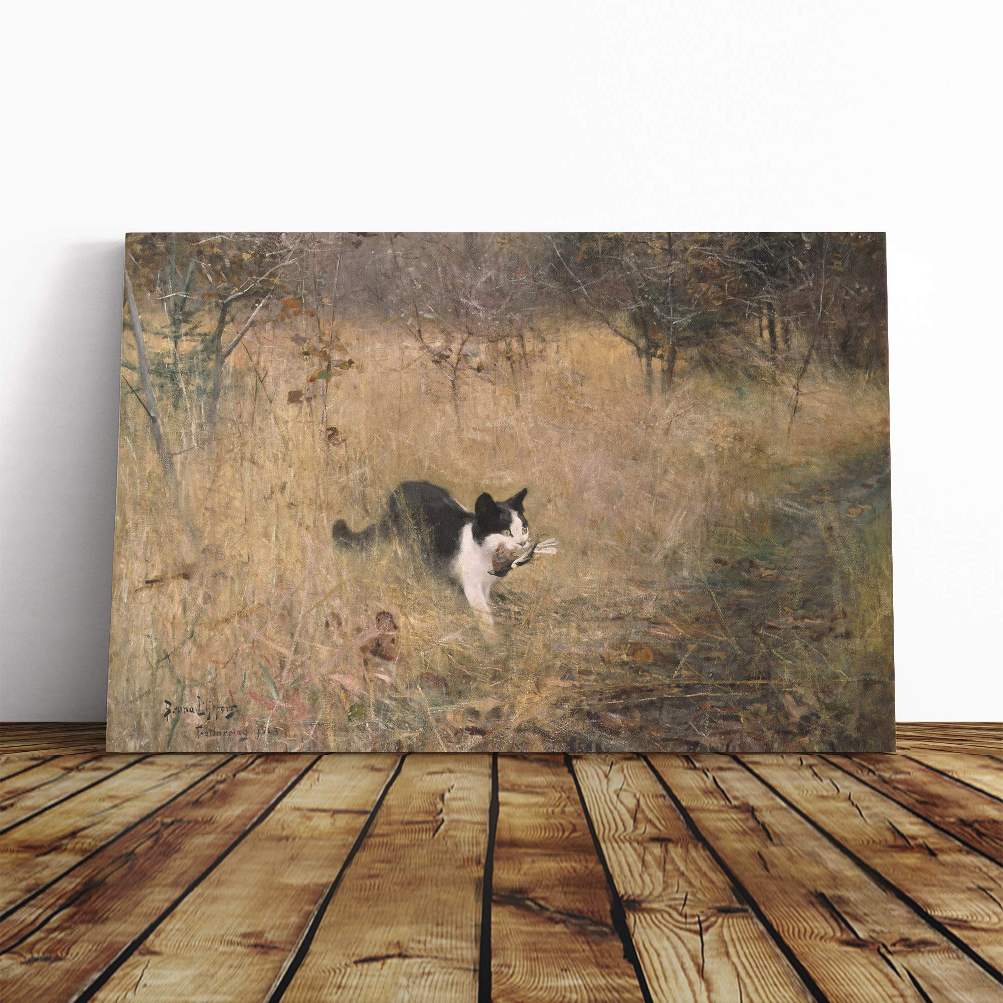 Bruno Liljefors Cat with Bird Canvas Print | Gallery Wrapped 30mm Frame Wall Art | 24x16 inches | Ready to Hang | Modern Animals Picture | Living Room Bedroom Lounge Office