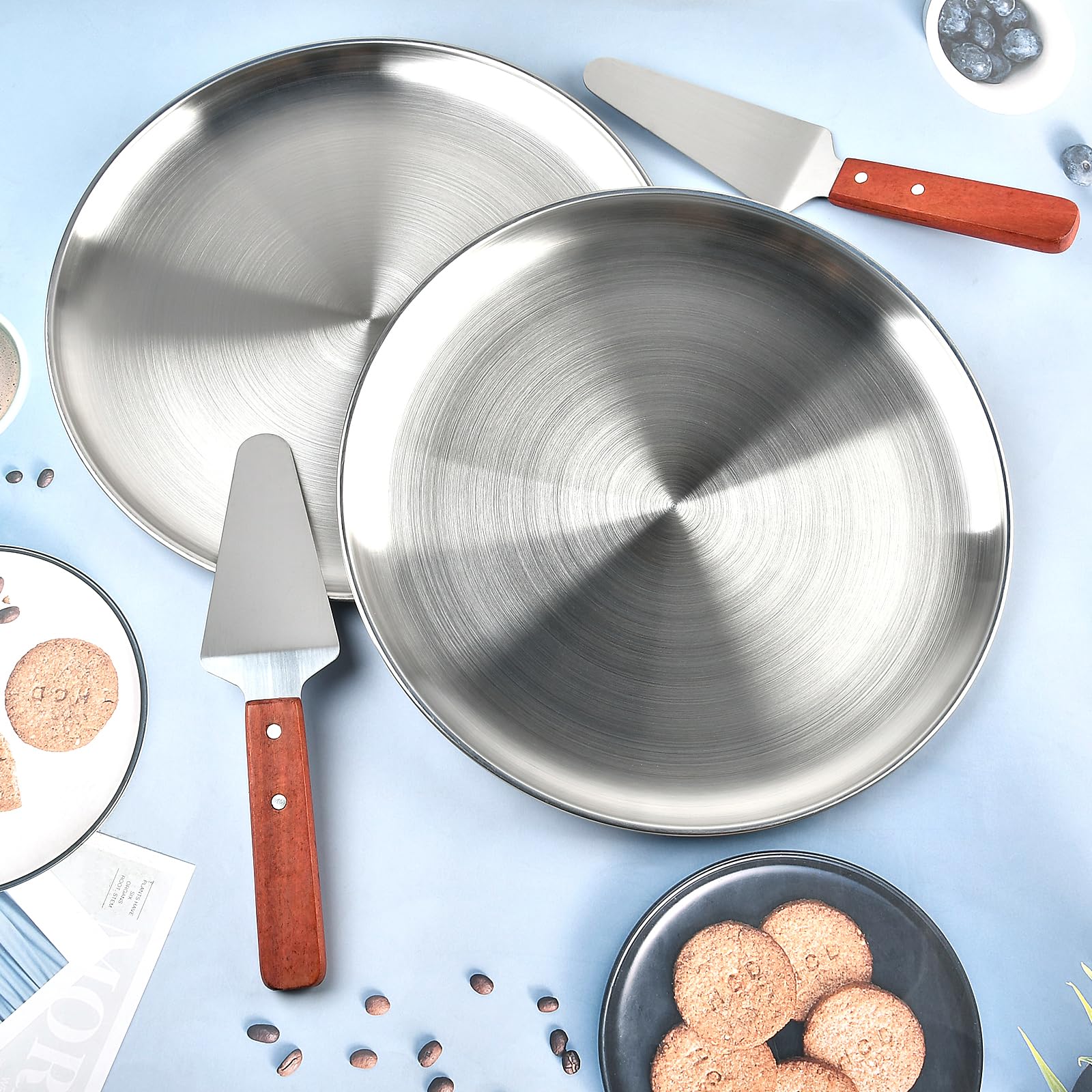 8 moldes para pizza de 12 pulgadas, bandeja de acero inoxidable para servir pizza con 4 espátulas de pizza, plato redondo antiadherente para hornear pasteles, pasteles, servir, vajilla,