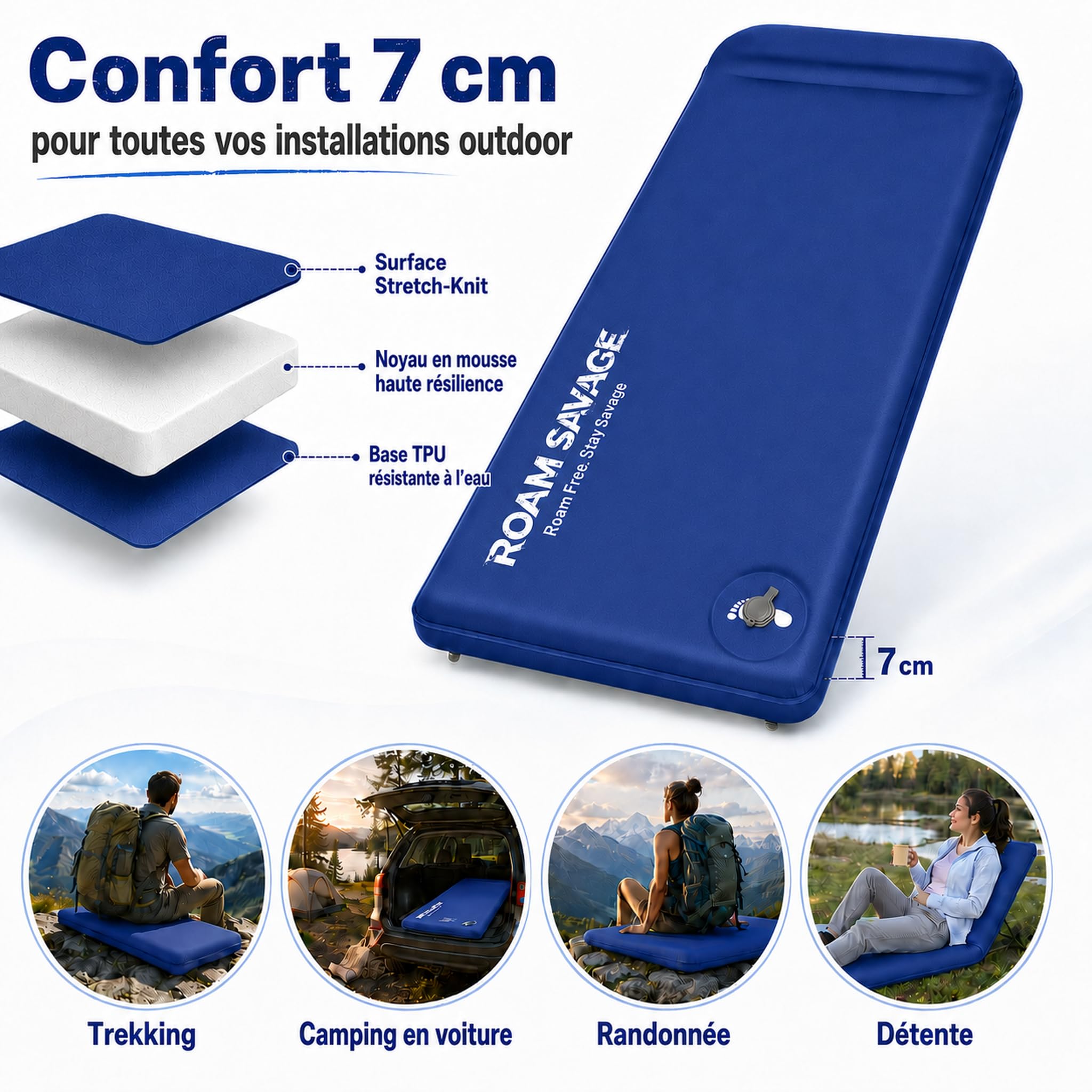 ROAM SAVAGE Tapis de camping autogonflant avec oreiller intégré, léger | R-Value 8.0 Matelas de couchage isolé, usage 4 saisons, pour randonnée, bivouac, terrasse, intérieur, soleil