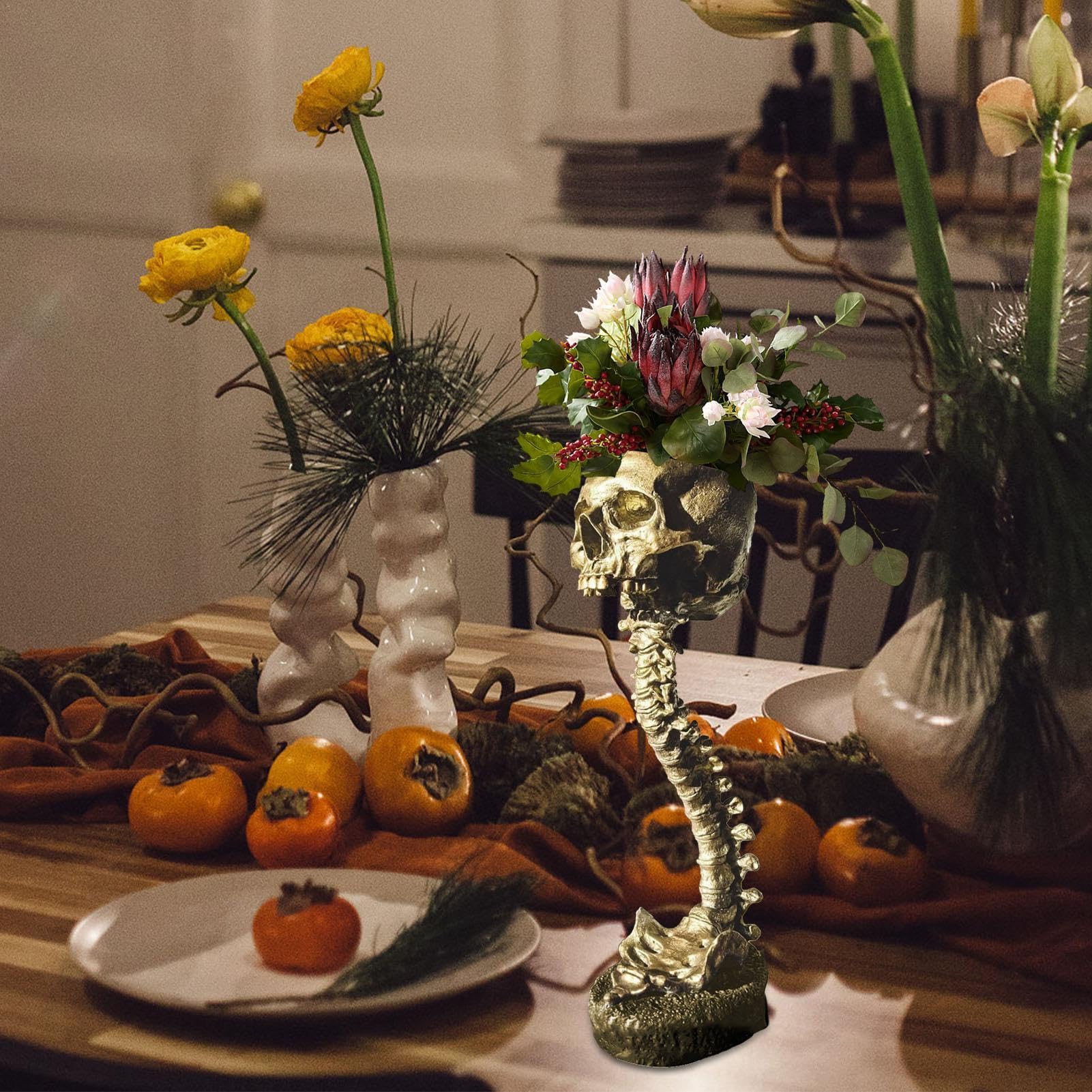 Pot De Fleurs Crâne Colonne Vertébrale – Vase Gothique Résine Horreur Pour Plantes Ou Décoration Maison