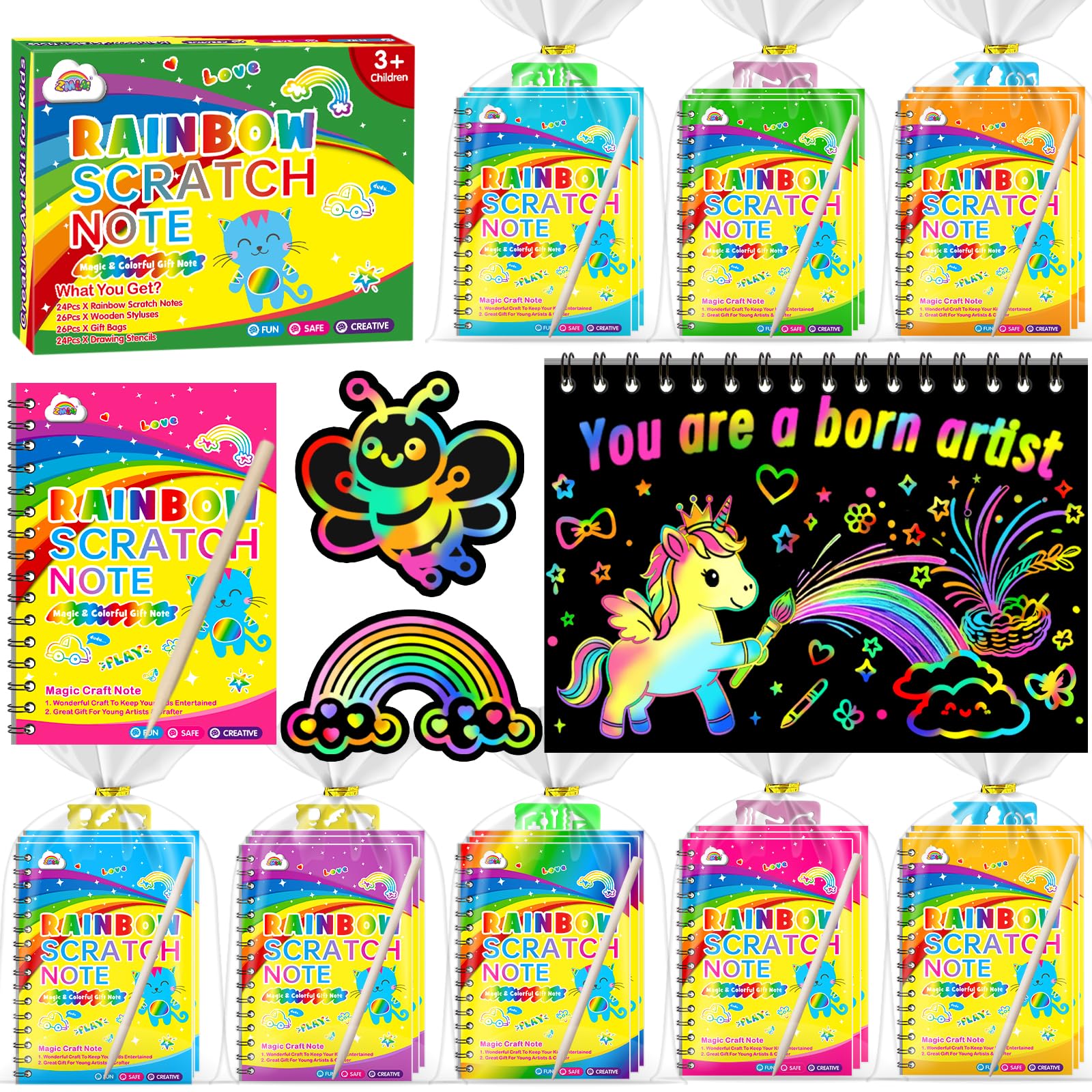 ZMLM 16 Pack Rainbow Art Scratch Notebooks for Kids Birthday Party Favors