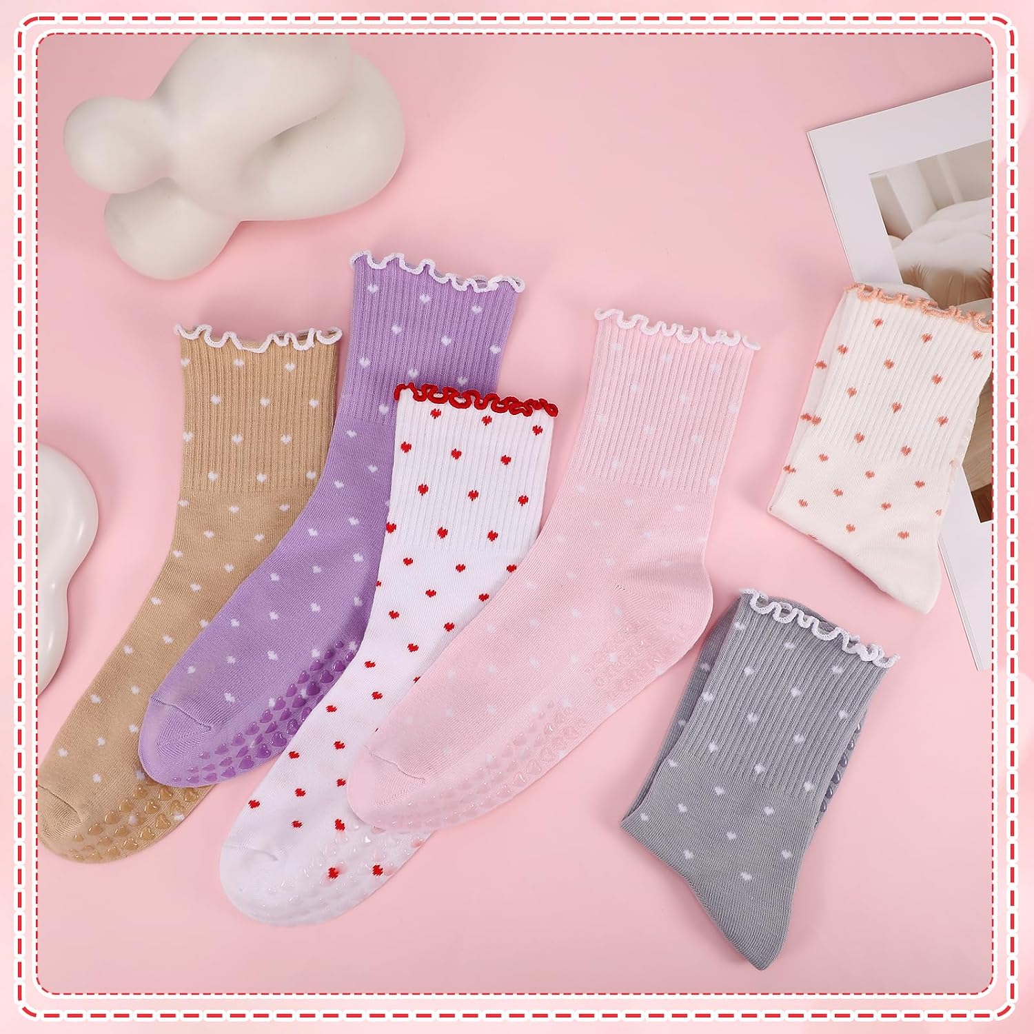 6 Pairs Pilates Grip Socks for Women Cute Ruffle Non-Slip Yoga Sock Cotton Crew Athletic Sock for Workout Hospital