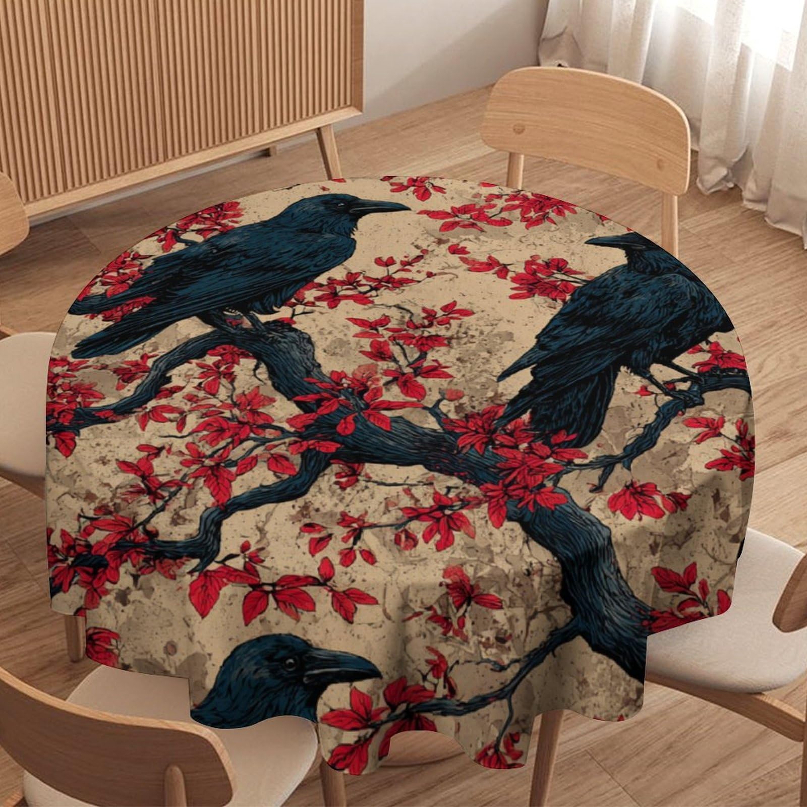 LUYYSKY Classic Vintage Animals Raven Round Tablecloth Classic Mid Century Watercolor Trees Black Crows Print Washable Decor for Table Cover for Kitchen-70 Wx70 L