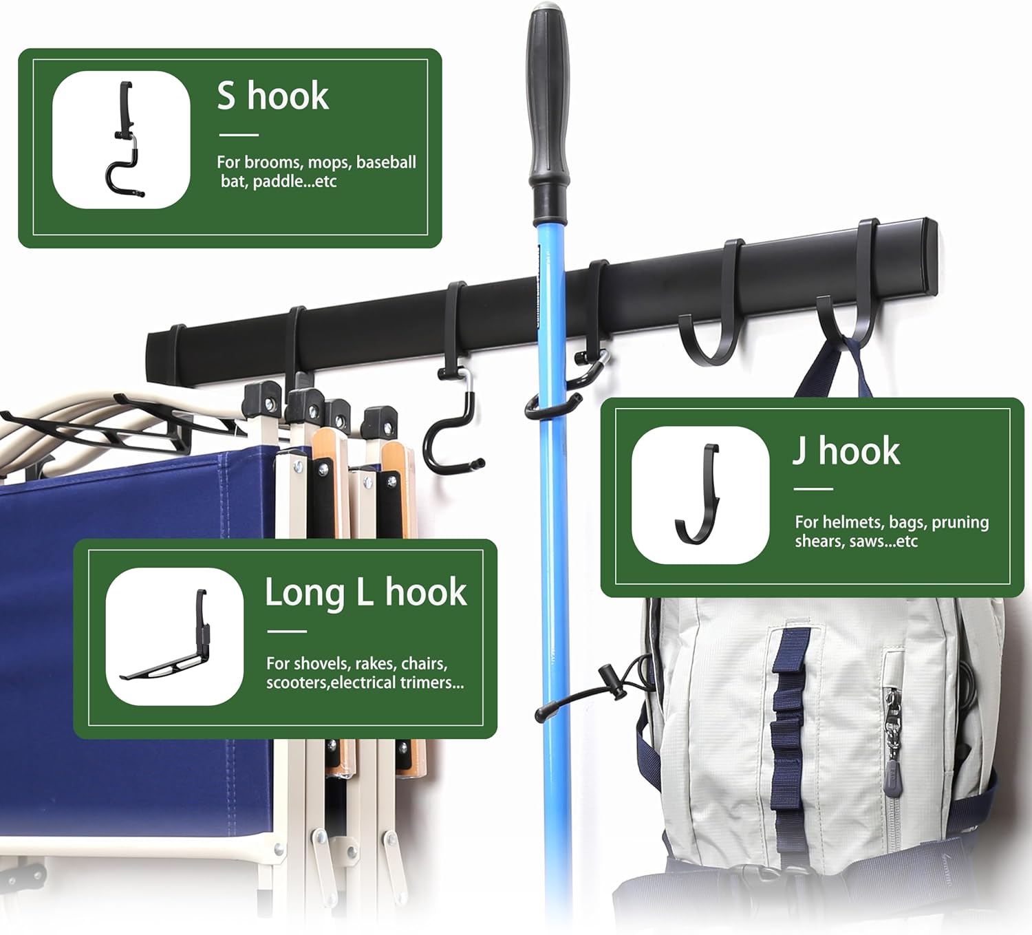 Wall-Mounted Rack With 6 Garage Hooks, Heavy-Duty Aerospace-Grade Aluminum Alloy Hooks Garage & Garden Storage for Shed, Workshop, or Home Organization – For Rakes, Shovels, Tools & More