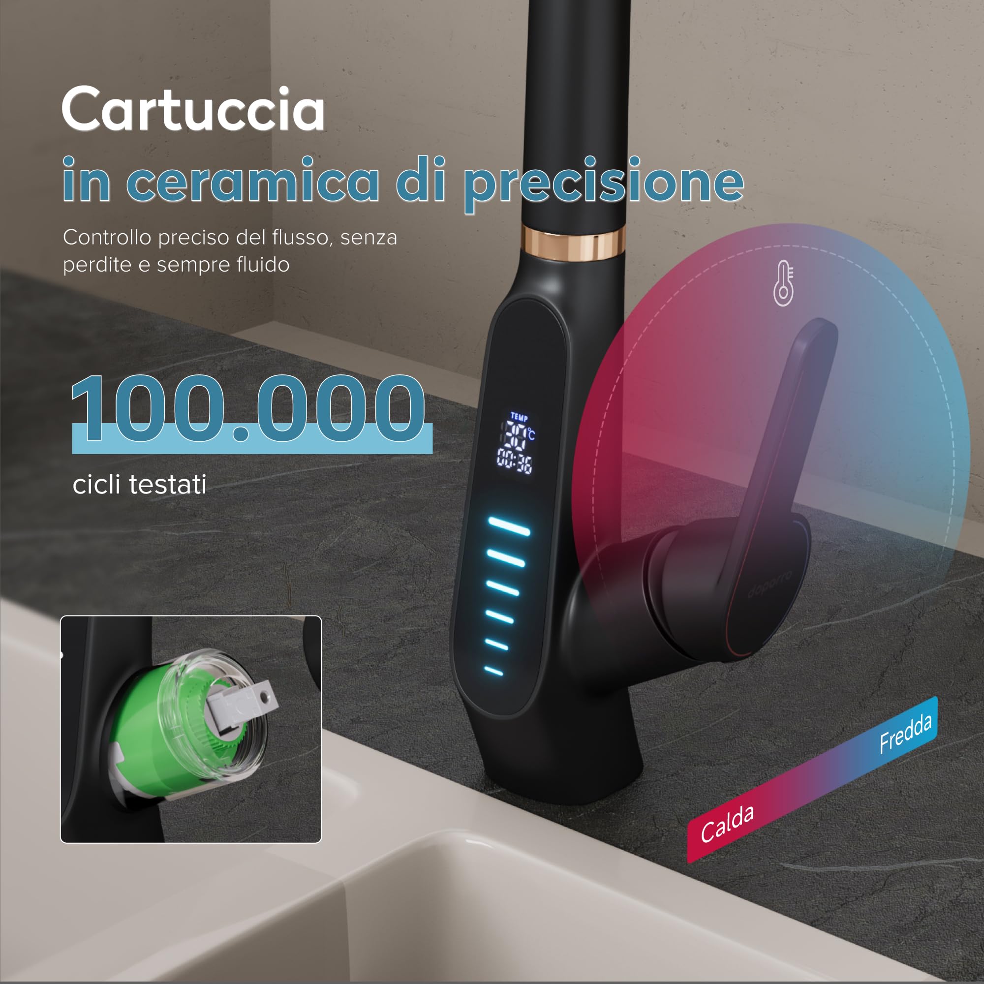 doporro Rubinetto Cucina Digitale Estraibile 3-in-1 con Display LED