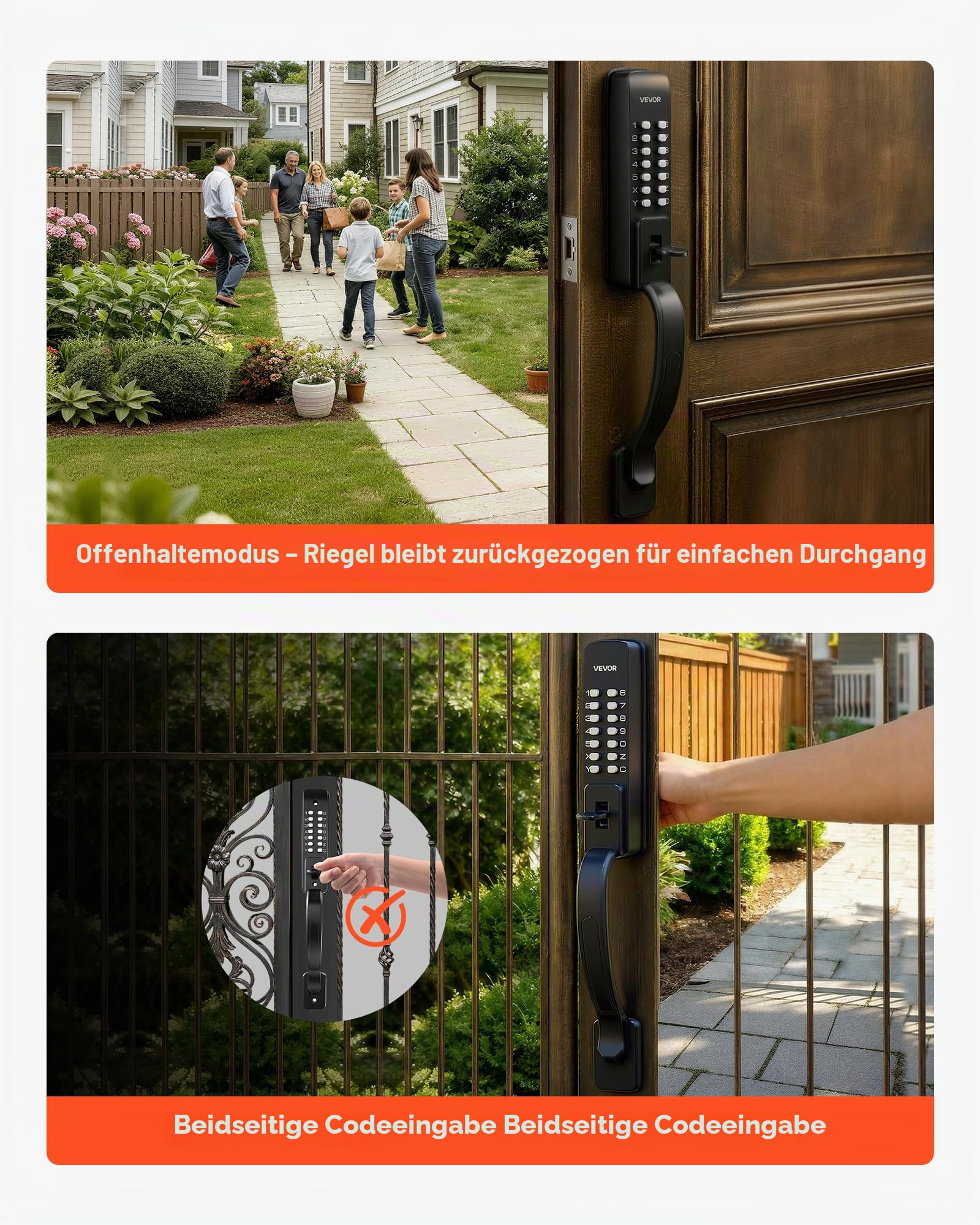 VEVOR Mechanisches Codeschloss mit Doppelseitigem Tastenschloss (4- bis 7-stelliger Code), Schlüsselloses Türschloss mit Griff & Automatischer Verriegelung, für Haustüren Gartentore Garagen, Schwarz