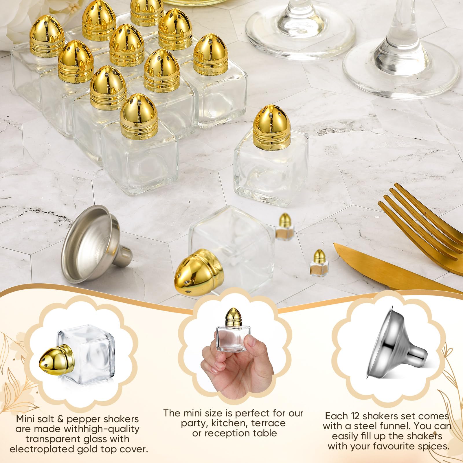 Uiifan 100 saleros y pimenteros pequeños con forma de cubo de 0.5 onzas con tapas de tono, mini tarros de vidrio transparente para condimentos, saleros de especias con embudo para bodas, fiestas,