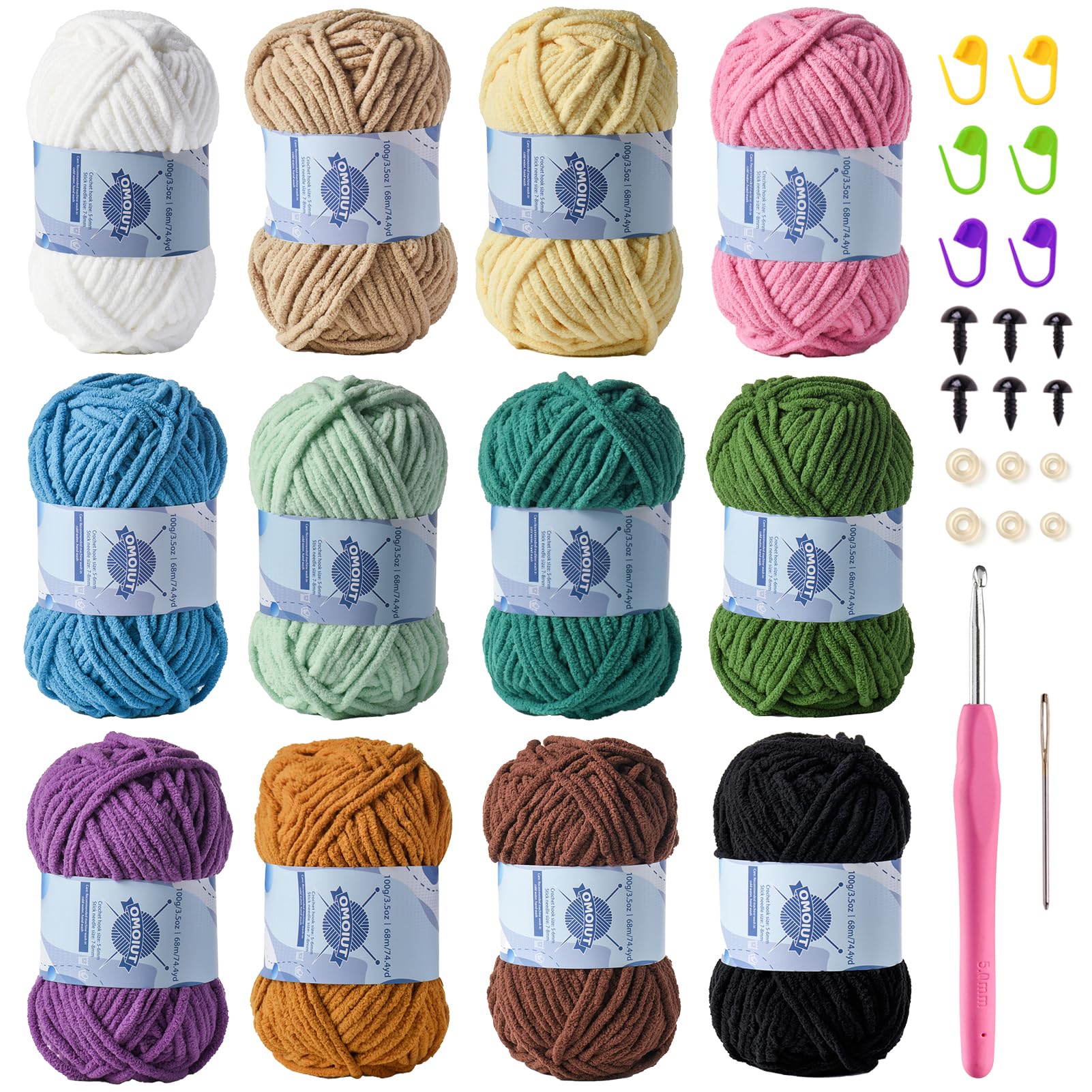 12 Pack Fluff Chenille Chunky Yarn for Crocheting Premier Puzzle - Velvet Baby Crochet Yarn with Black White Purple Pink Blue Coffee Red Premier Khaki Yellow Amigurumi Yarns Set B