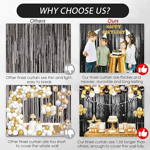Miniatura 3 de Paquete de 3 Cortinas de Fondo de Flecos de Papel de Aluminio Negro de 3.3 x 9.9 pies, Cortinas de Fondo de Serpentinas, Decoraciones de Fiesta de