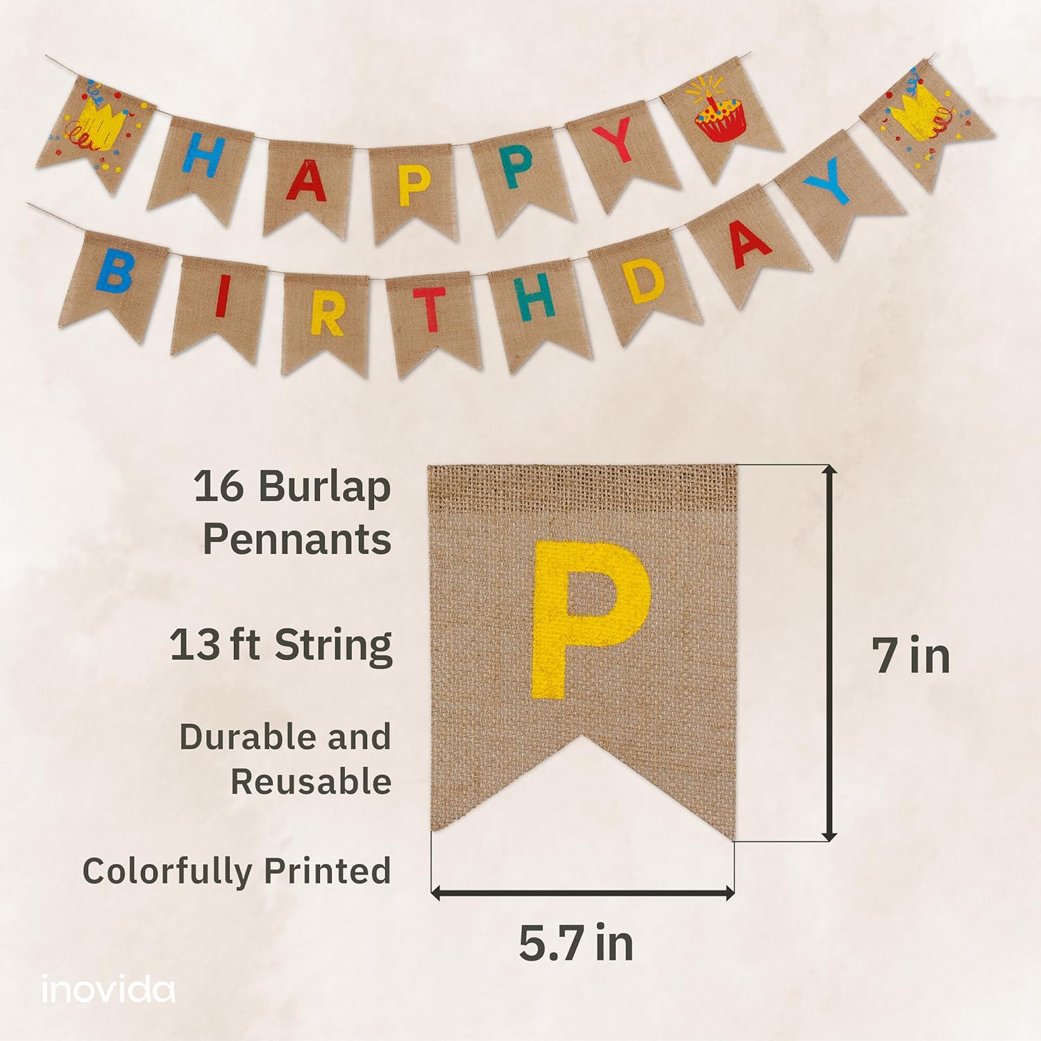 Happy Birthday Banner – 13 ft Reusable Burlap Pennant Garland – Colorful Party Bunting for Kids and Adults – Birthday Decorations – by Inovida