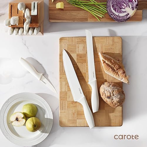 Miniatura 4 de CAROTE Juego de 15 piezas de cuchillos, juego de bloque de cuchillos de cocina, elegantes cuchillas con revestimiento cerámico blanco con elegante