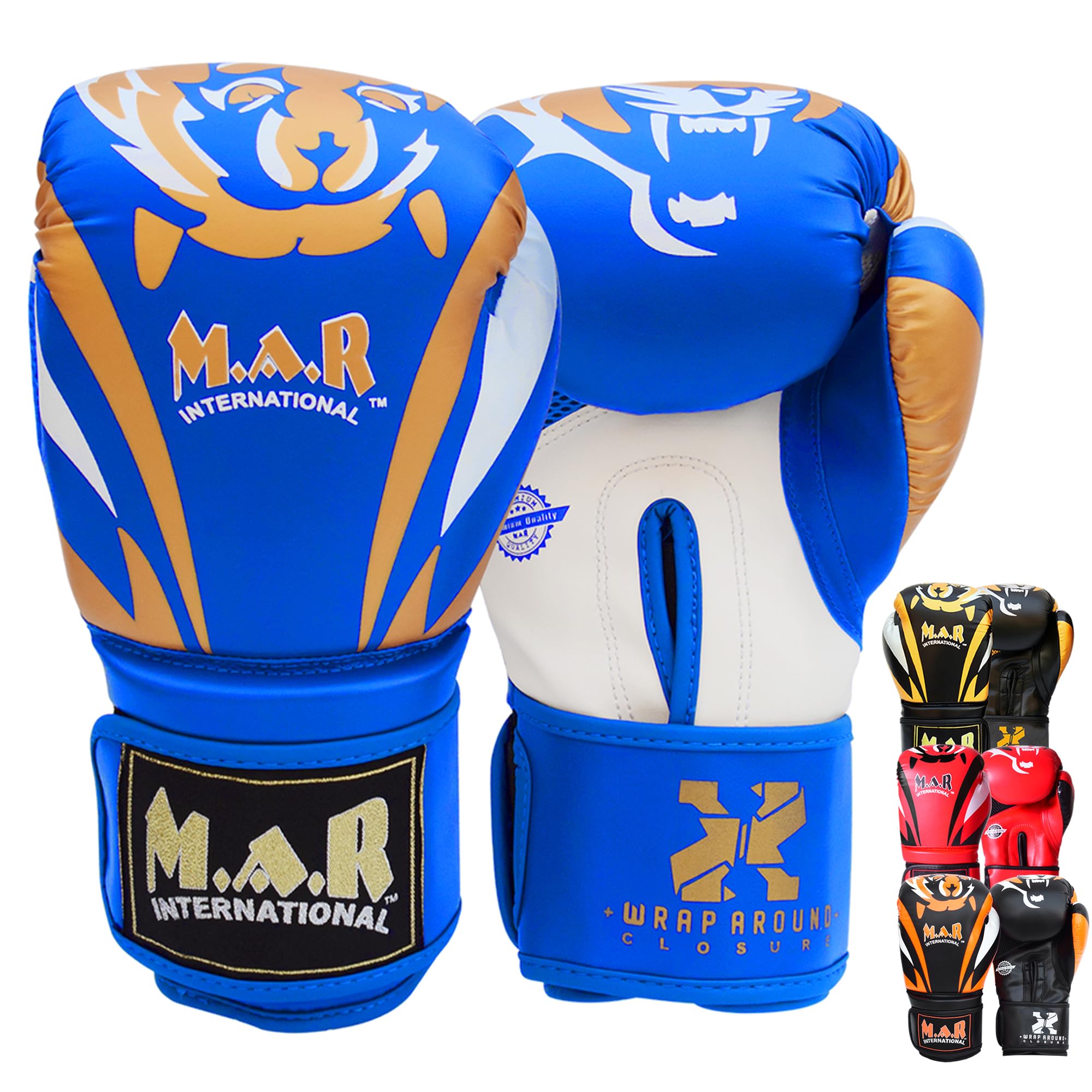 MAR | Blue & Gold Tiger Print Boxing Gloves, Wrap Around Closure with Ventilation & Extended Cuff for Men Women & Kids, Training Fitness & Competition Gloves for Kickboxing, MMA, Muay Thai 16oz