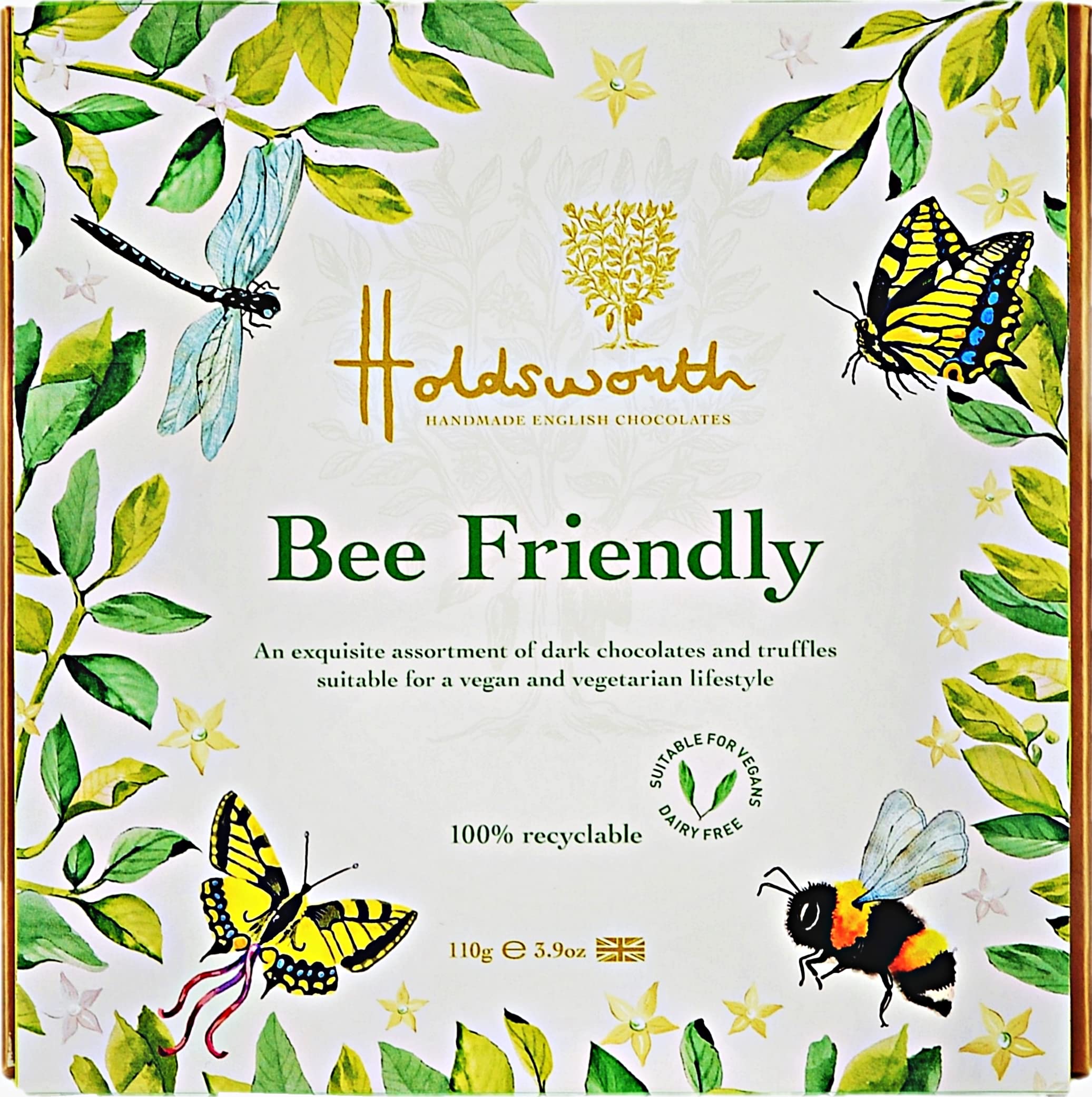 Holdsworth Chocolates Occasions Collection - Bee Friendly Gift Box Filled with Handmade Truffles Pralines and Creams in Dark and Oatmilk Chocolate which is Suitable for Vegans 110g