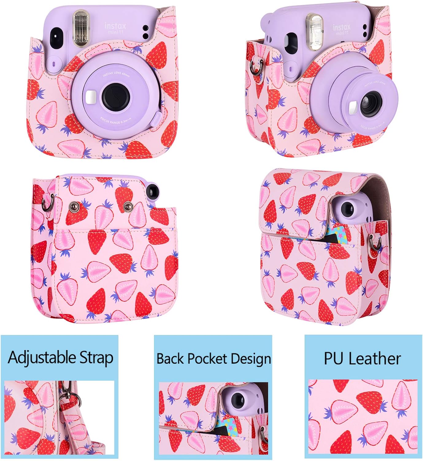 Tiessic Mini 11 Case Compatible with Fujifilm Instax Mini 11 Instant Camera with Shoulder Strap and Pocket - Strawberry