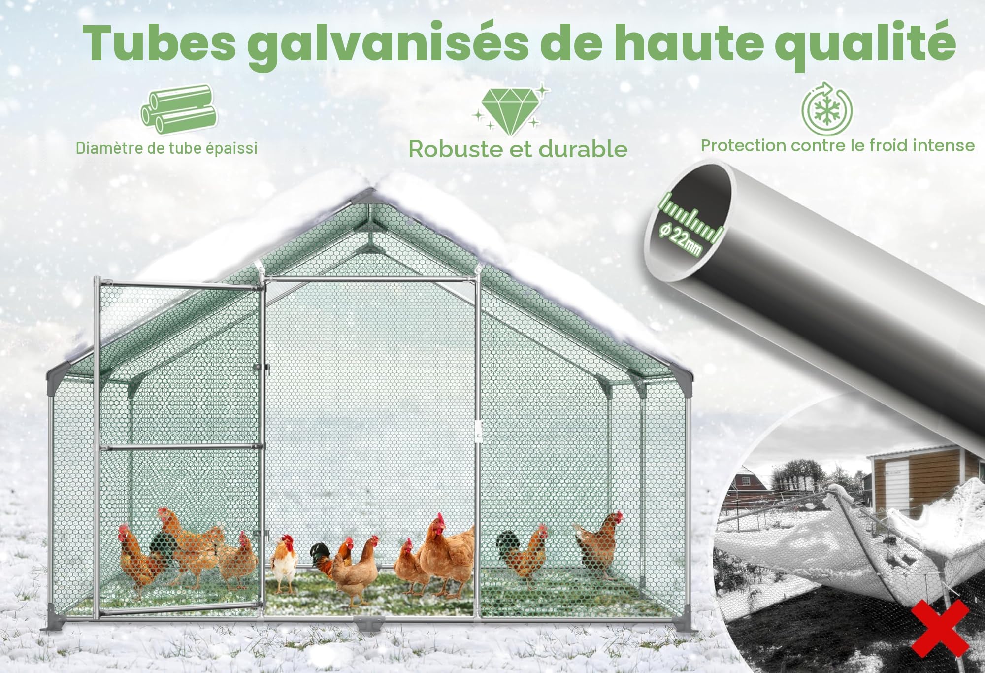 LZQ Cage Enclos poulailler Poulailler d'extérieur avec Toit en Acier galvanisé et Cadre en polyéthylène, 3x6x2 m