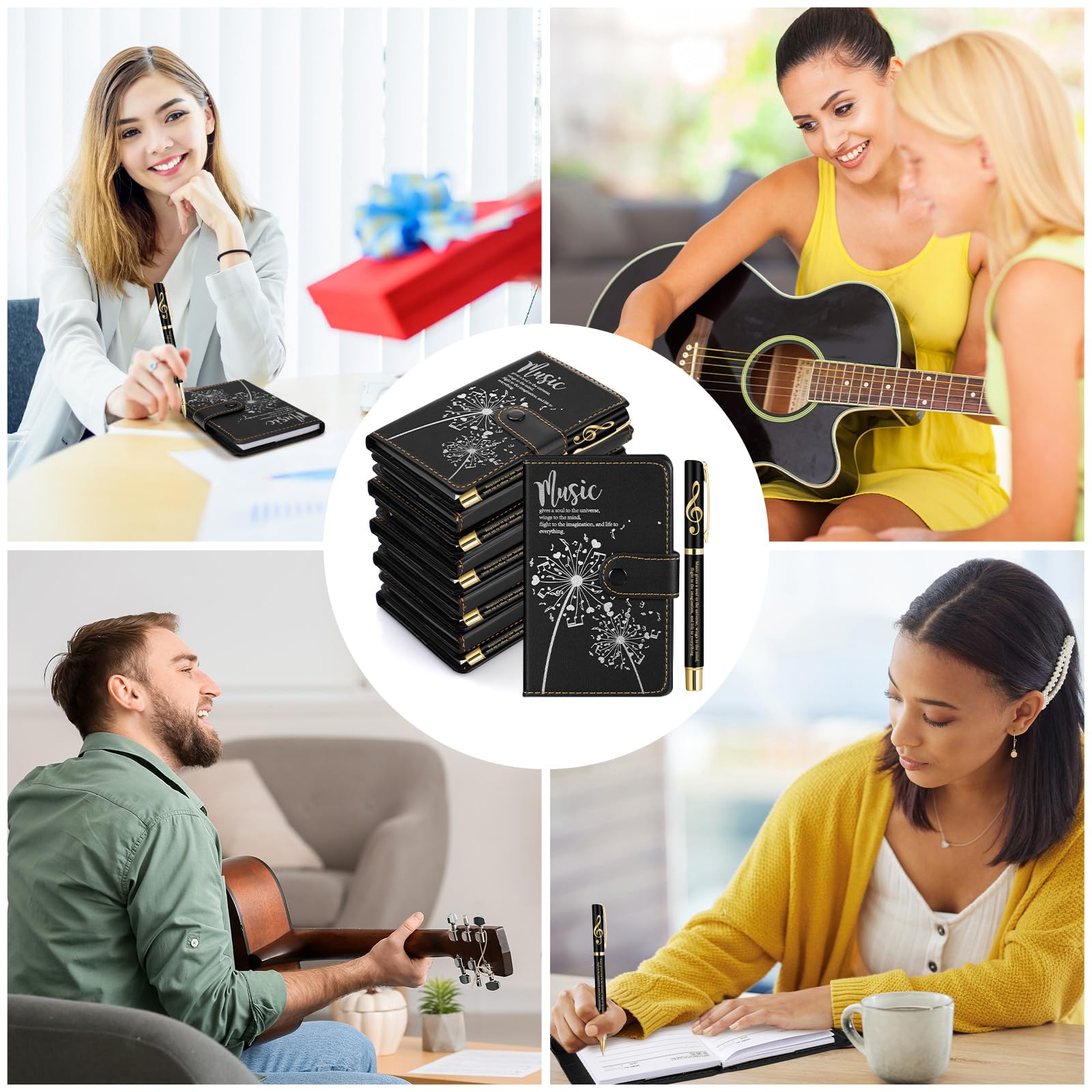 Gueevin 15 juegos de música para el regreso a clases, regalos para estudiantes, miembros del coro, cuaderno de cuero con temática musical inspiradora con bolígrafo de piano, regalo de afirmación para