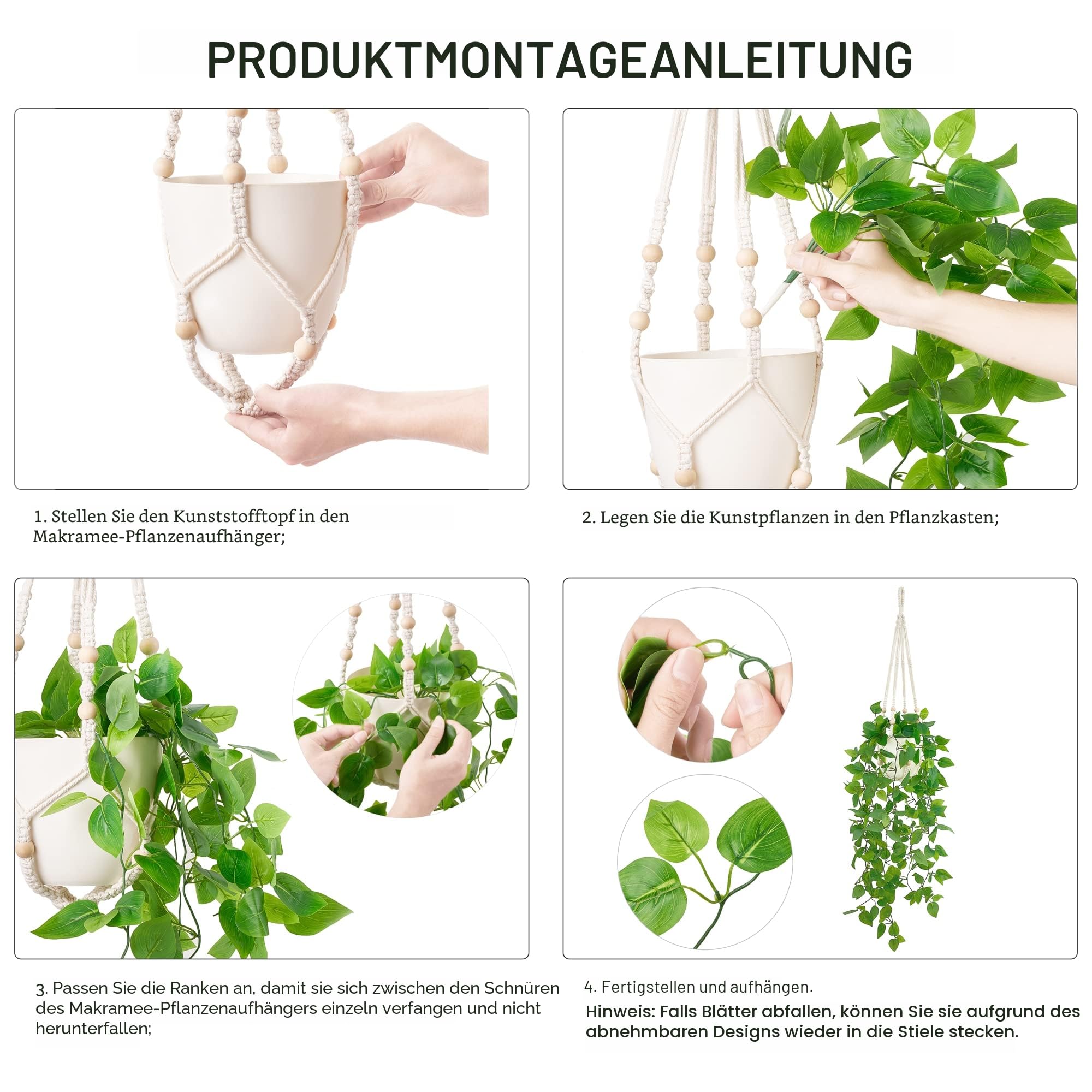 Mkono künstliche hängende Pflanze, Makramee Ampel mit Efeu Ranken und Topf