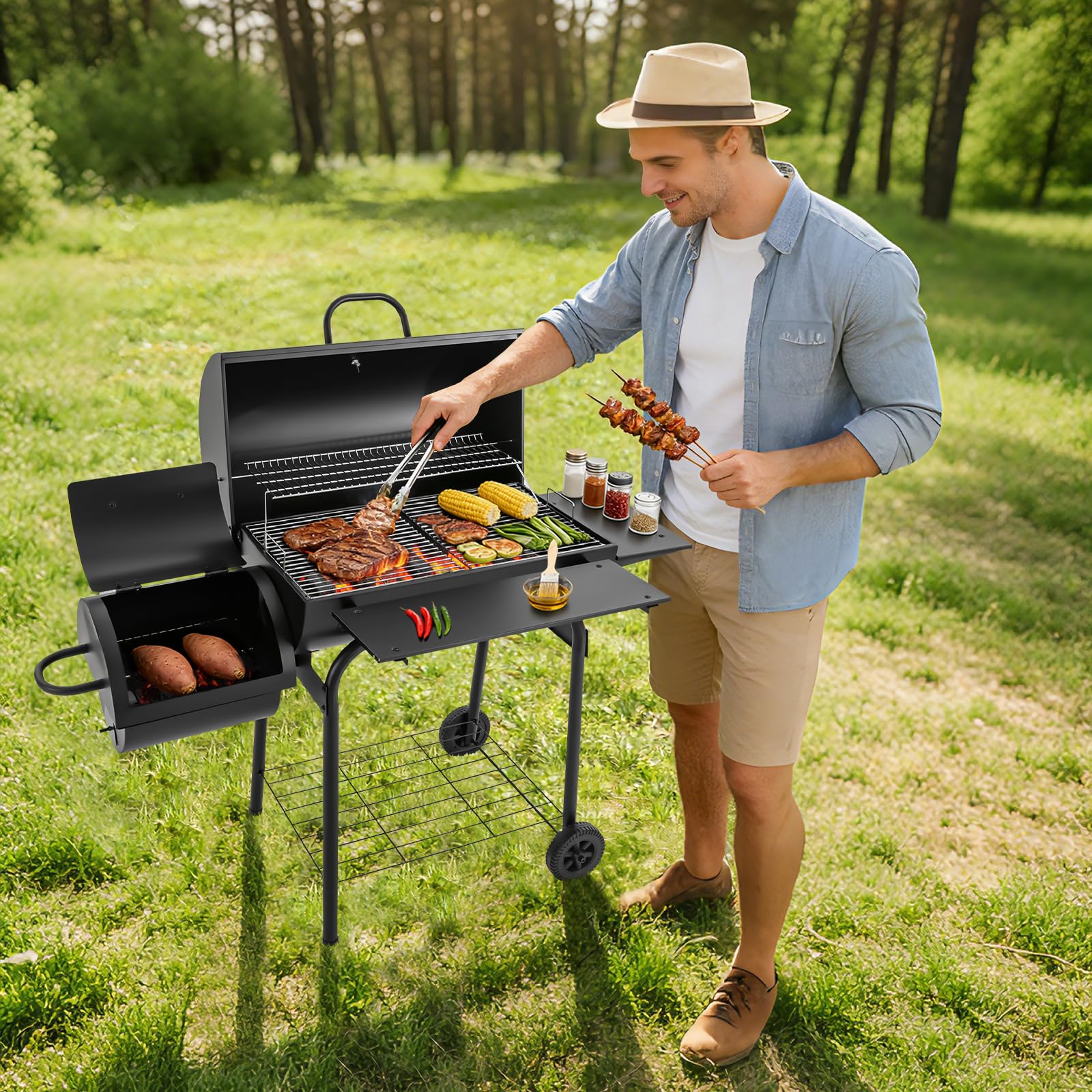 Barbecue a carbonella autoportante, 147 x 70 x 126 cm, barbecue con coperchio e ruote, barbecue affumicatore in acciaio con termometro e ripiani laterali, nero, per giardino, terrazza, campeggio