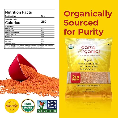Miniatura 2 de Darsa Organics Red Lentils Masoor Dal - 2 libras con certificación USDA orgánica, sin OMG, sin gluten, lentejas rosadas enteras y divididas, sin
