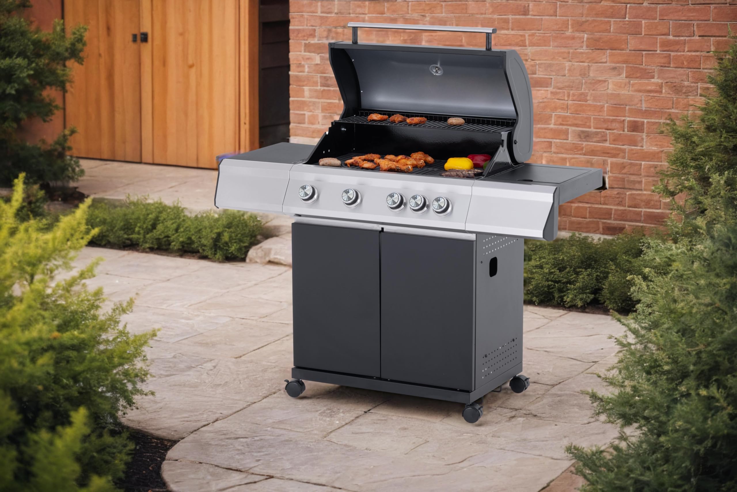 Tarrington House Barbecue à Gaz Paxton, 4 Brûleurs + 1 Latéral, Acier/Acier Inoxydable, 17 kW, Couvercle avec Thermomètre, Table latérale, Allumage électrique, Roulettes, Noir