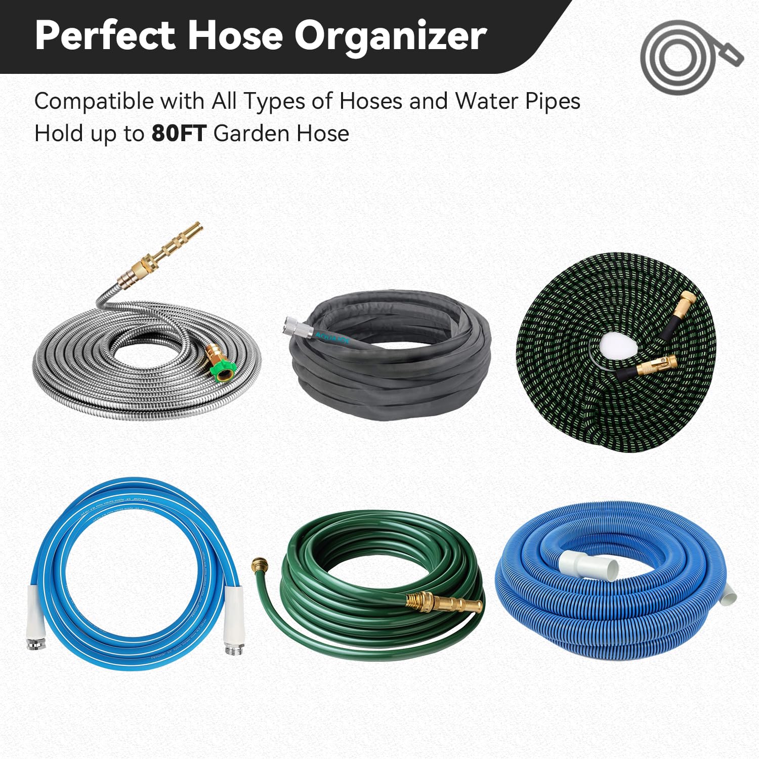 Soporte de manguera de montaje en pared resistente para uso en exteriores y jardín (negro mate) - Organiza mangueras expandibles de 50 a 150 pies, bolsillo, mangueras mágicas, carretes o