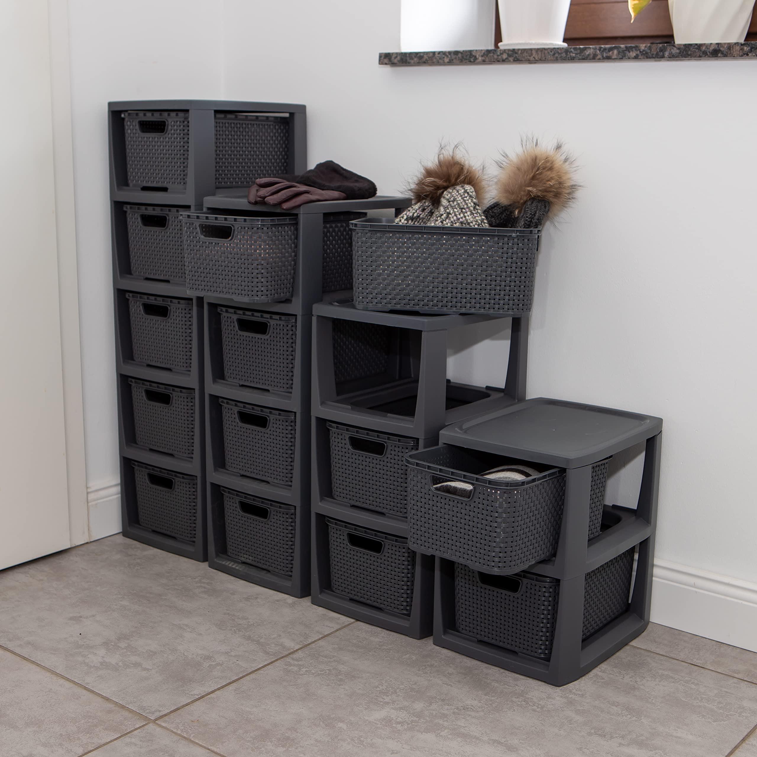 BranQ - Home essential 100% recycelt Kunststoff PP, Ökologisch, Regal in Rattan Design, Anthrazit, 5 Körben