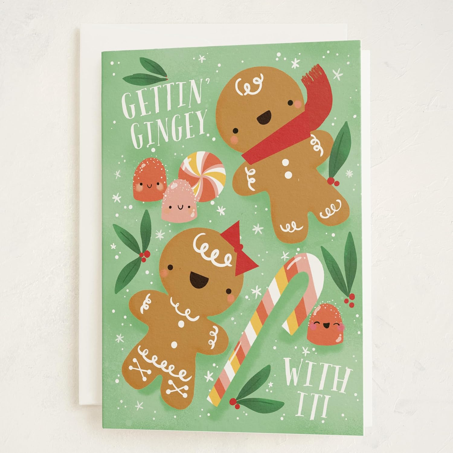 Minted Gettin’ Gingey With It Holiday Cards, 8 Cards with Envelopes, Folded 5x7 Christmas Card with Cute Gingerbread Cookie, Playful Candy & Holly Design, Luxurious Paper, Interior Message Included