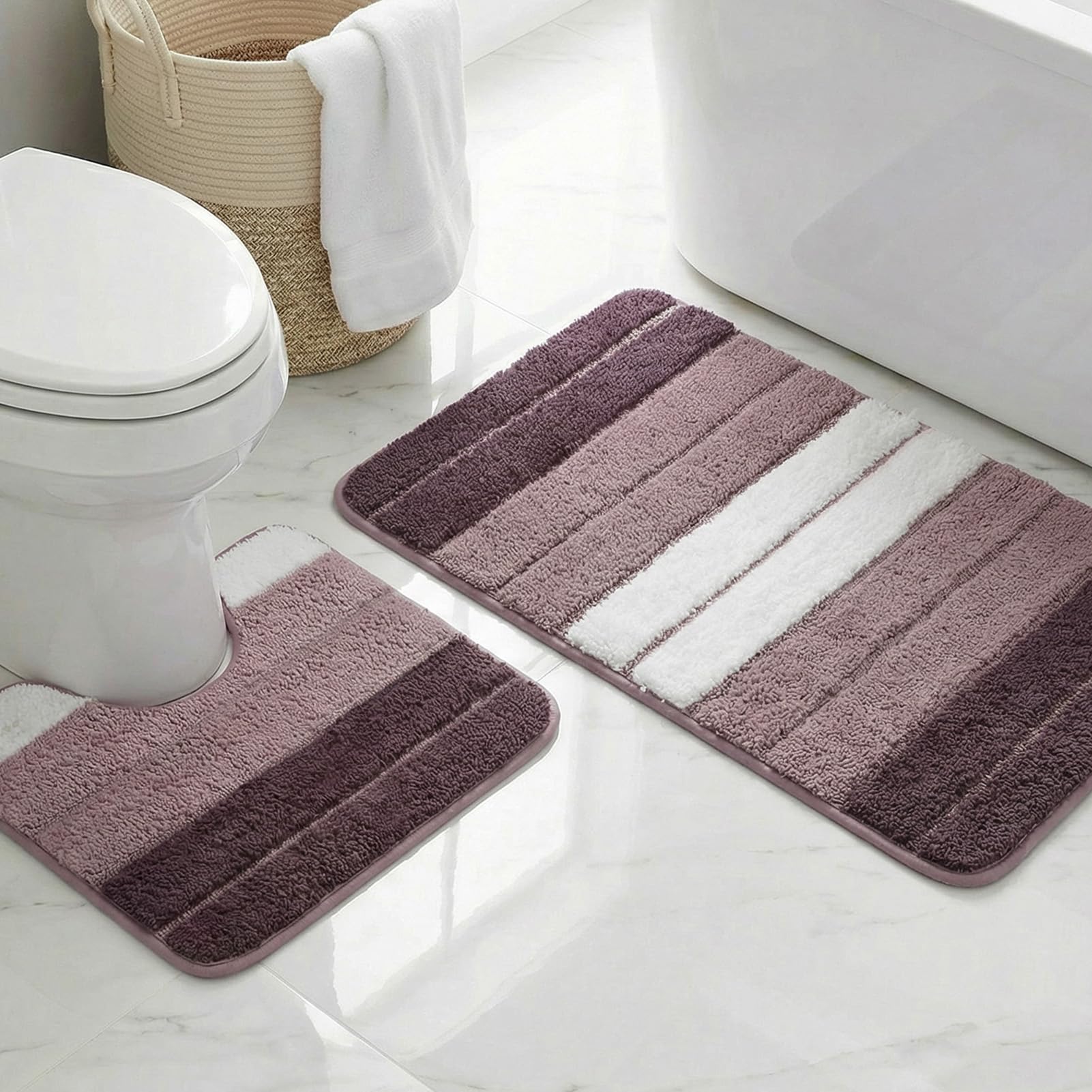 LUSCHEER 2 Piece Bath Mat Set, Extra Soft Absorbent Microfiber Non Slip Rug and Toilet Mat, Water Absorbent Machine Washable for Bathroom Floor (Purple, 80 x 50 cm + U Shaped 50 x 40 cm)
