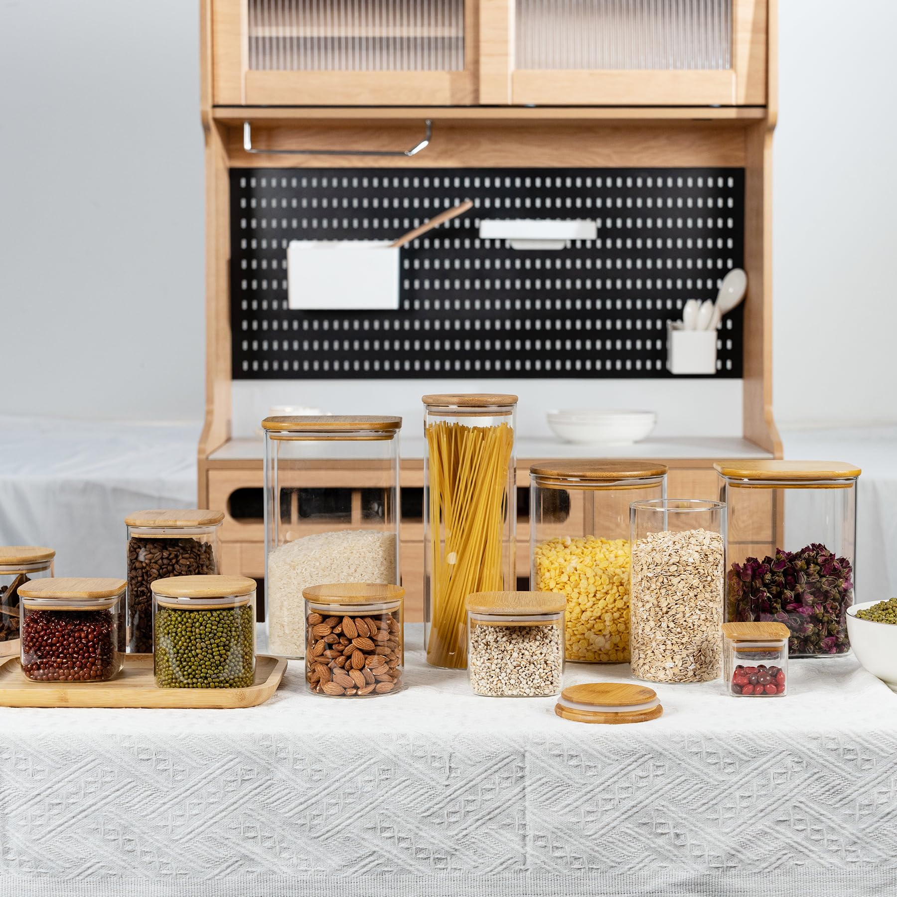 D2scrma Quadratische Vorratsdosen aus Glas mit Bambusdeckel, luftdicht, 3600 ml x 1 1200 ml, große Vorratsdose, für Zucker, Mehl und Kaffeebohnen (mit schwarzem Etikett)