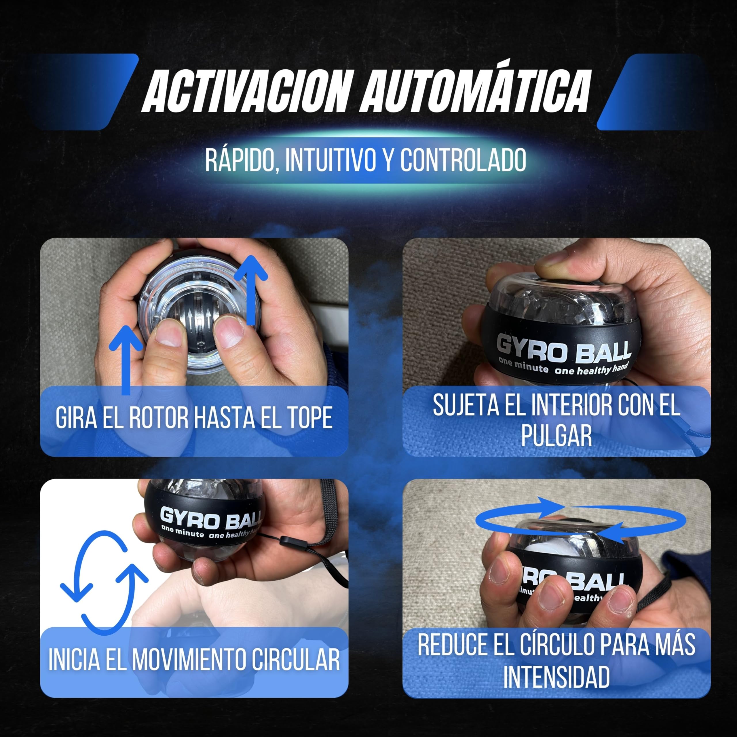 Giroscopio de Mano para Fortalecer Muñeca y Antebrazo PREMIUM PMR SHOP® | Gyro Ball con Inicio Automático y Correa | Ejercitador de Mano Compacto con Funda y Manual - 5
