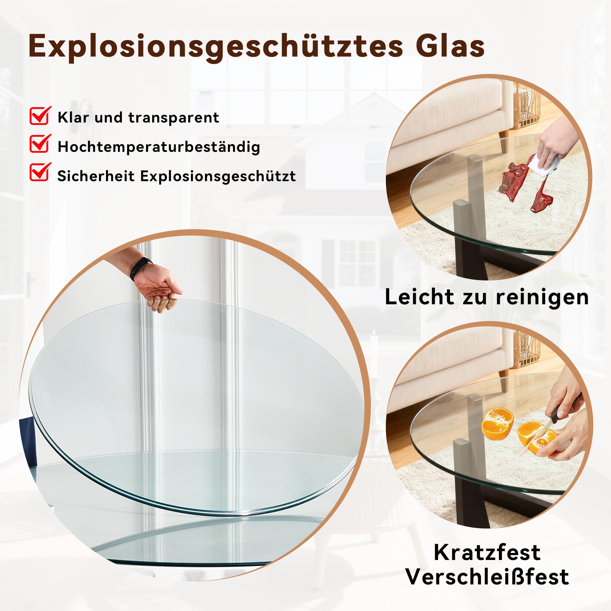 Glasplatte Rund – 6 mm ESG Sicherheitsglas, Runde Tischplatte/Glastischplatte, Tischplatte Ersatz & Tischschutz Glas Transparent (75 CM)