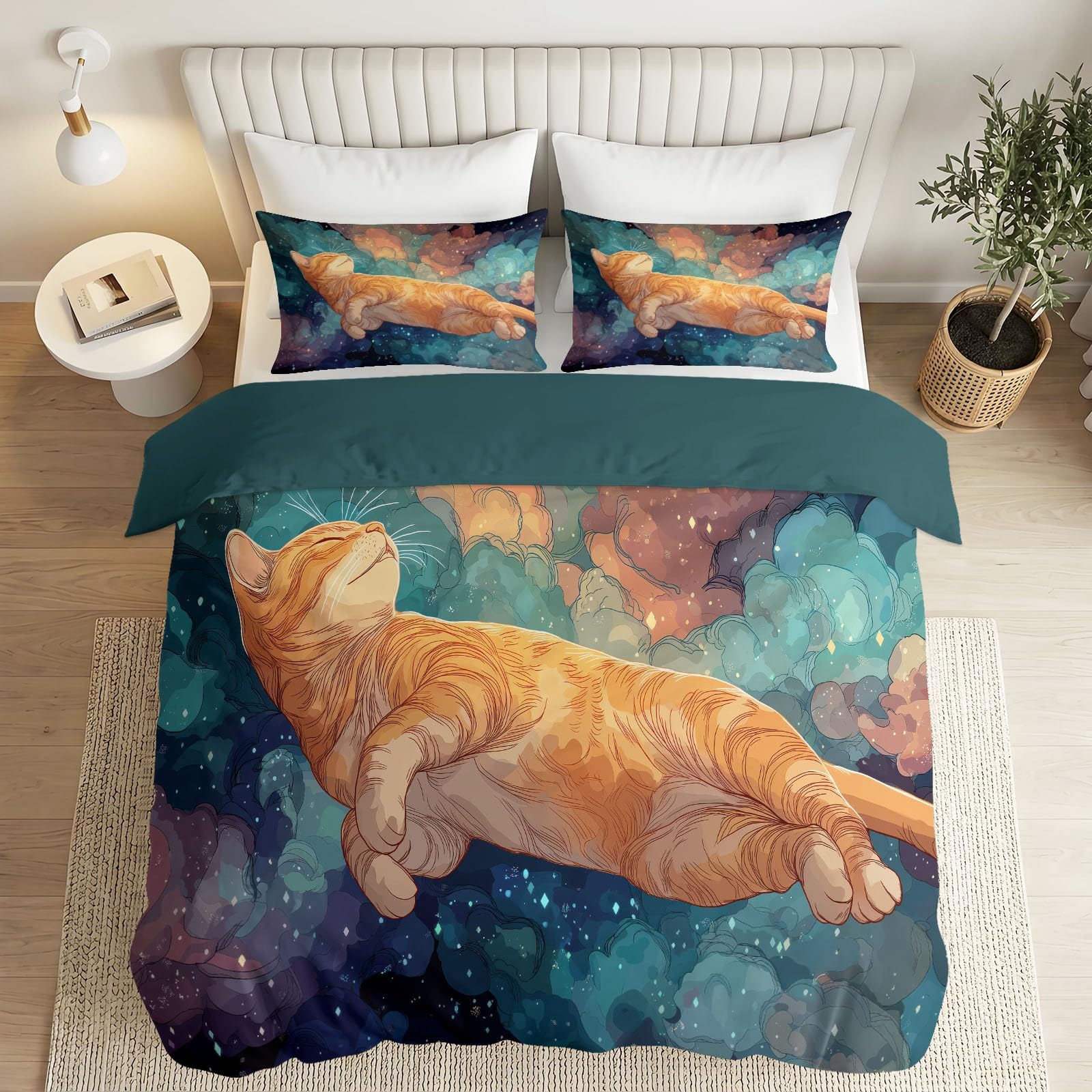 Cosmic Dreamy Starry - Juego de funda de edredón y funda de almohada, diseño de gato atigrado nube, microfibra suave, 230 x 220 cm, reversible, hipoalergénica, para niños y niñas, fácil cuidado, sin