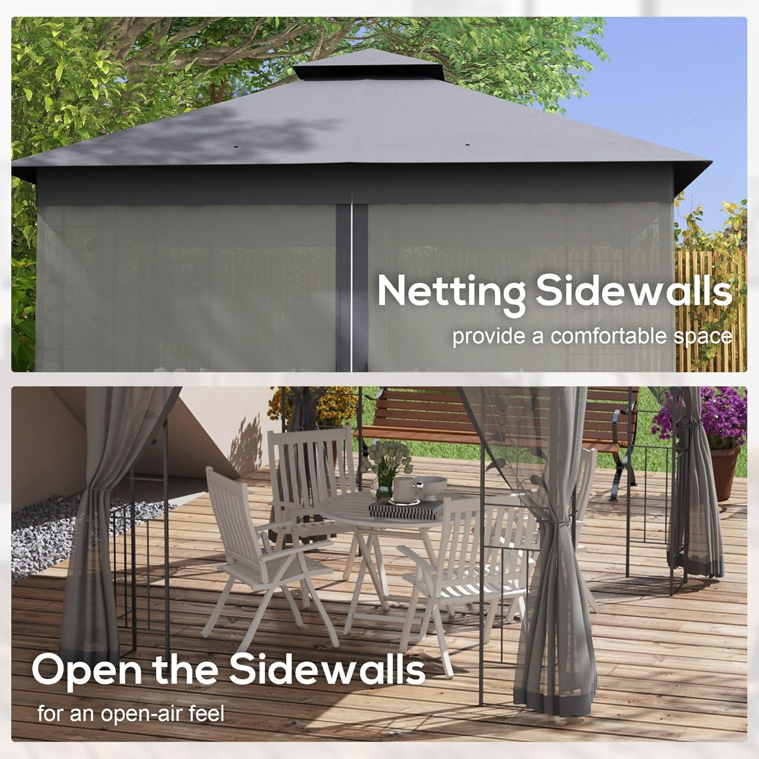 Gazebo with netting sidewalls closed and open, illustrating their functionality.