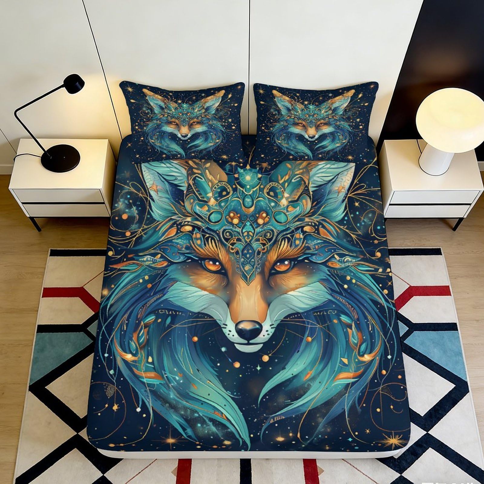 3D Printed Mystic Fox Fitted Sheet Microfiber Soft Breathable Blue Fantasy Forest Mattress Cover Bedroom Decor 90x200x25cm