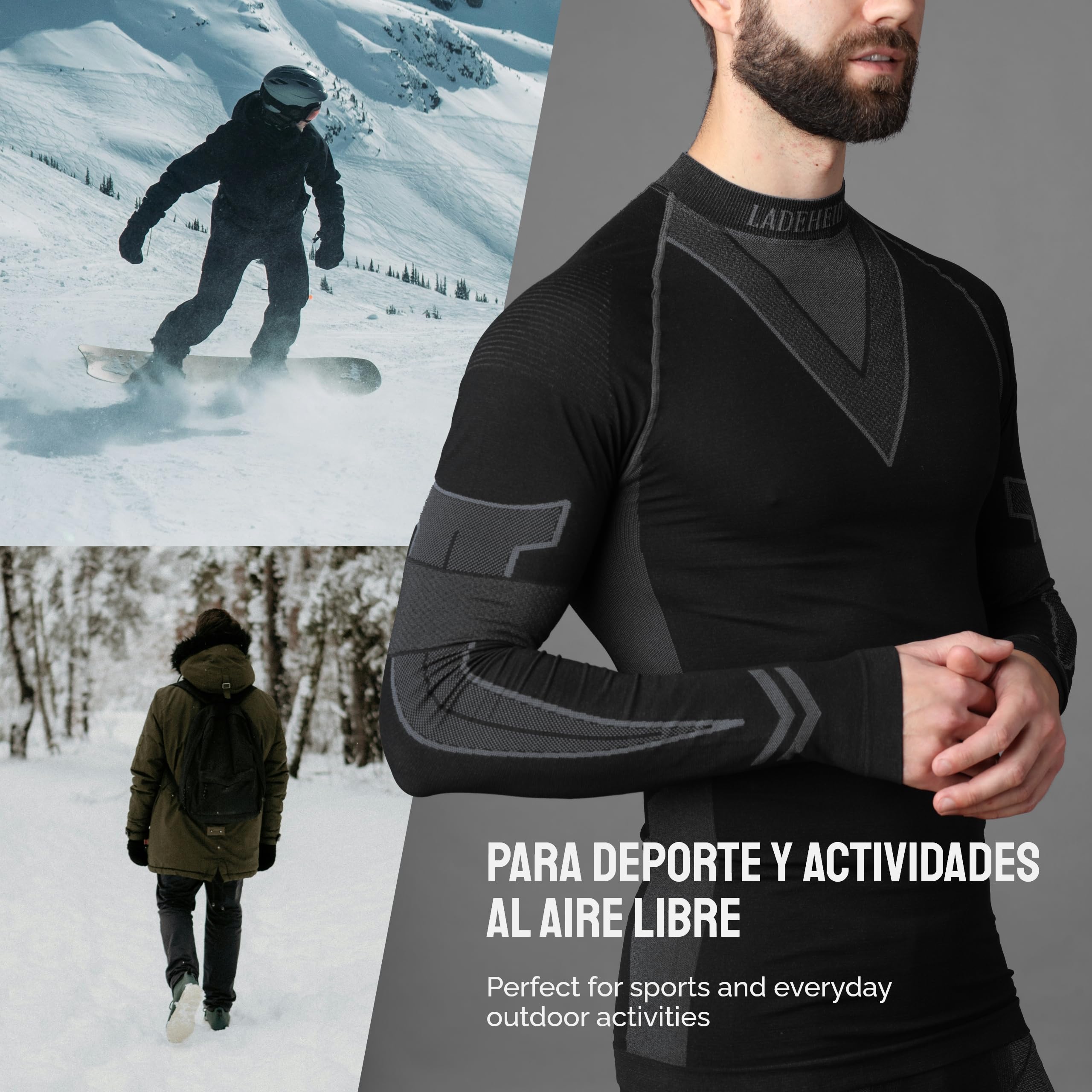 Ladeheid Conjunto Térmico Hombre – Ropa Interior Térmica con Camiseta Manga Larga y Pantalón Termico Hombre Running – Transpirable, Secado Rápido, para Deporte y Frio LAGI003