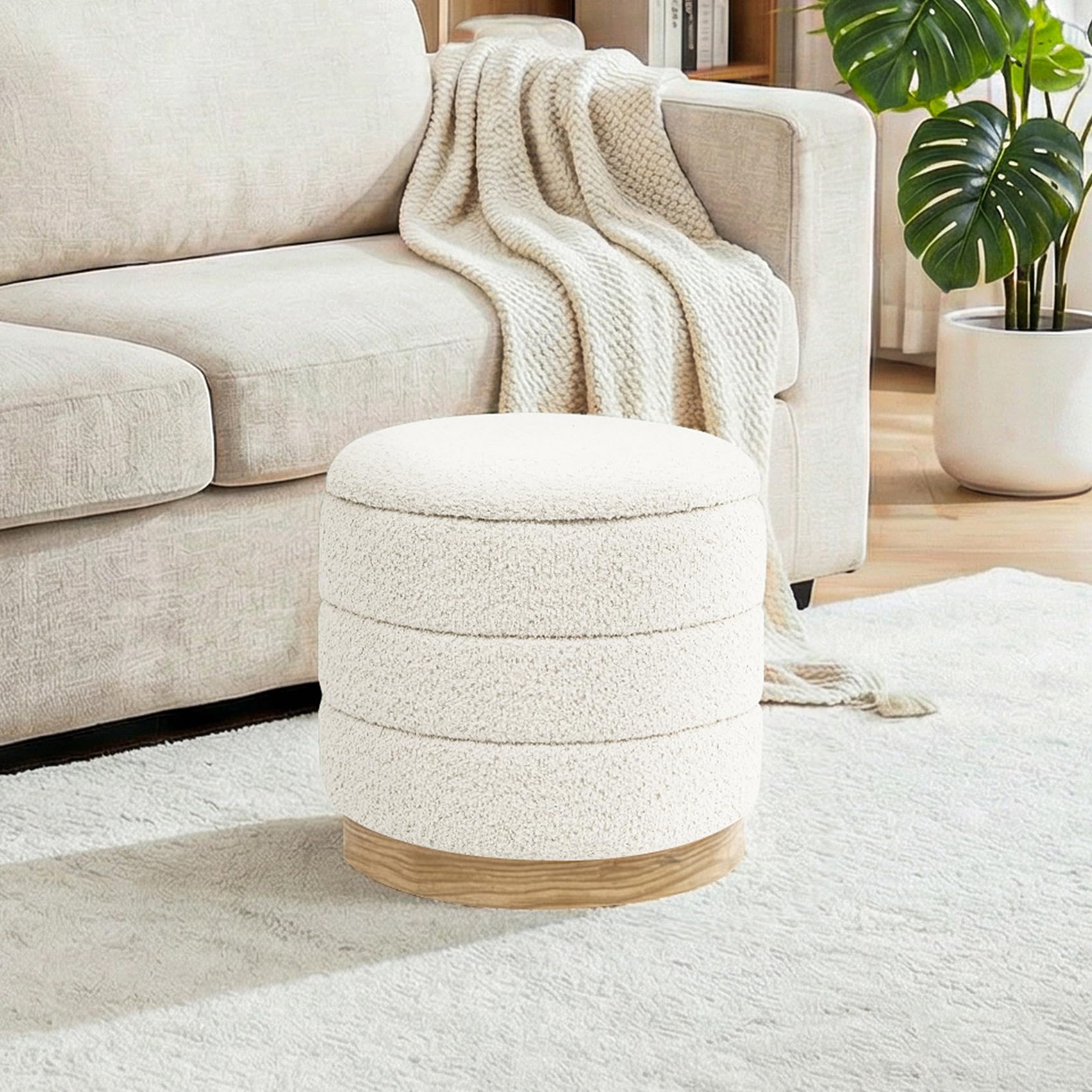 Bonlife Pouf avec rangement et plateau, Pouf rond pliable, Banc de pieds pour salon, chambre à coucher, couloir, Chenille, Socle en similicuir à motif bois, Blanc, 39X39X37 cm